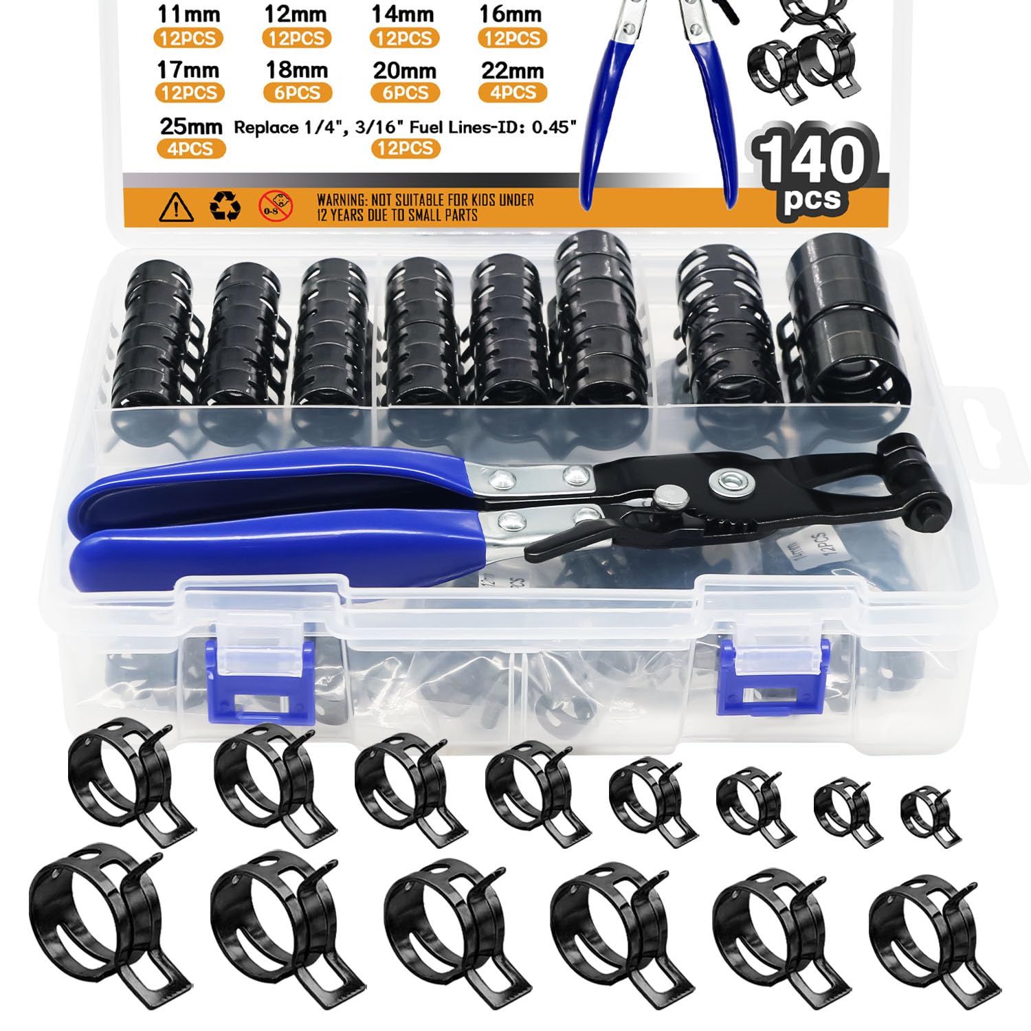 zDwfDc 140PCS 6-25mm 14 Sizes Spring Band Hose Clamps with Swivel Flat Hose Clamp Plier, Constant Tension Hose Clamp Assortment 