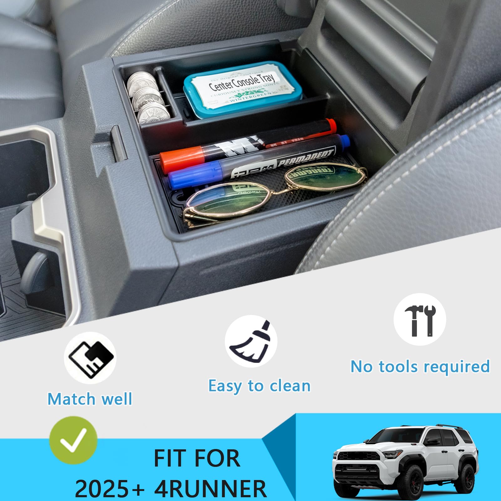 Jdmcar Center Console Organizer Compatible With 2025 Toyota 4Runner Accessories, Insert Abs Materials Tray, Armrest Box Secondar