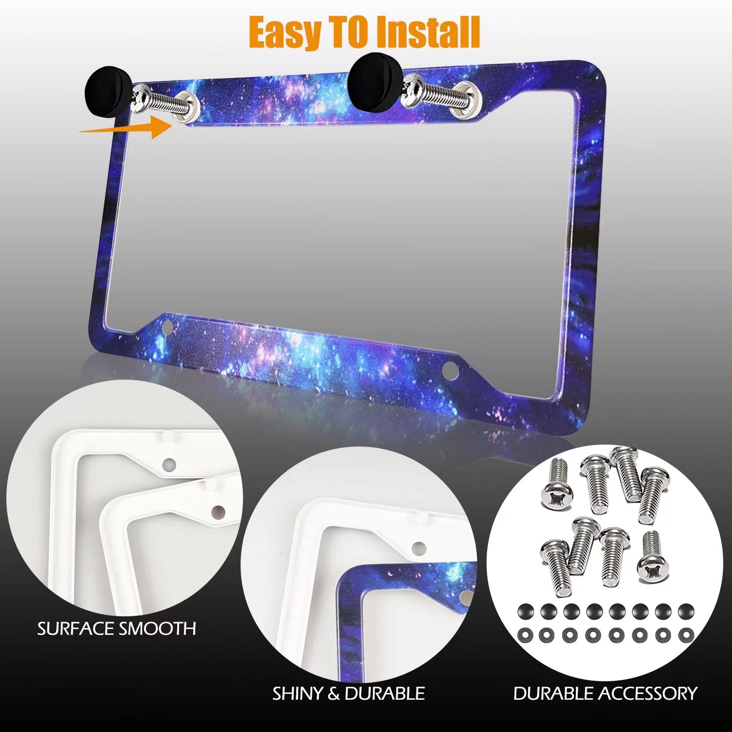 PAUSEBOLL Galaxy License Plate Frame Set - Quality Aluminum, 12.3" x 6.3", Blue Purple Starry Sky, 4 Holes for US/Canadian Cars