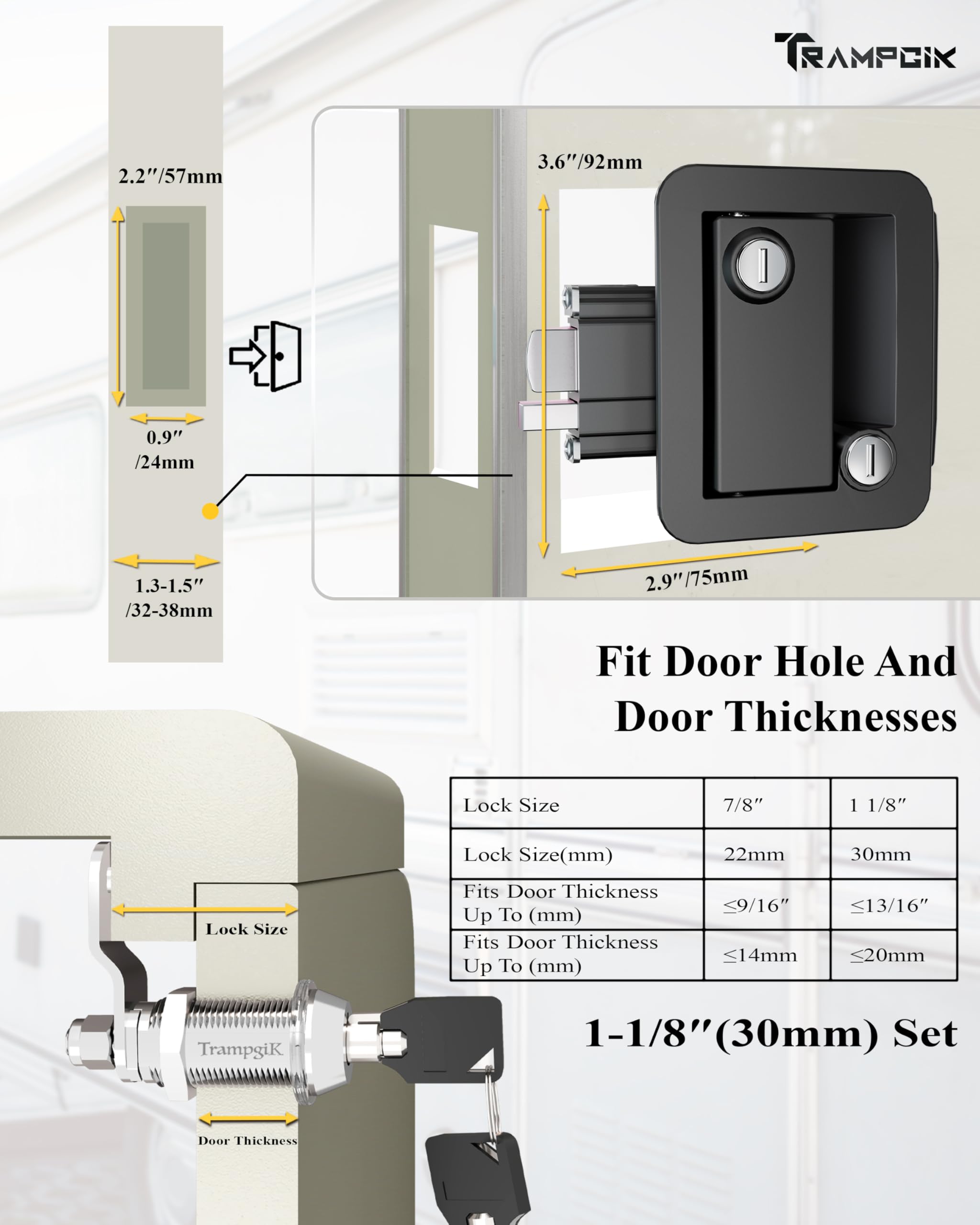 Trampgik Rv Door Lock Set, For Rv Camper,Travel Trailer Entrance Front Door,1 Plastic Camper Door Lock + 2Pcs Storage Locks, 1 1