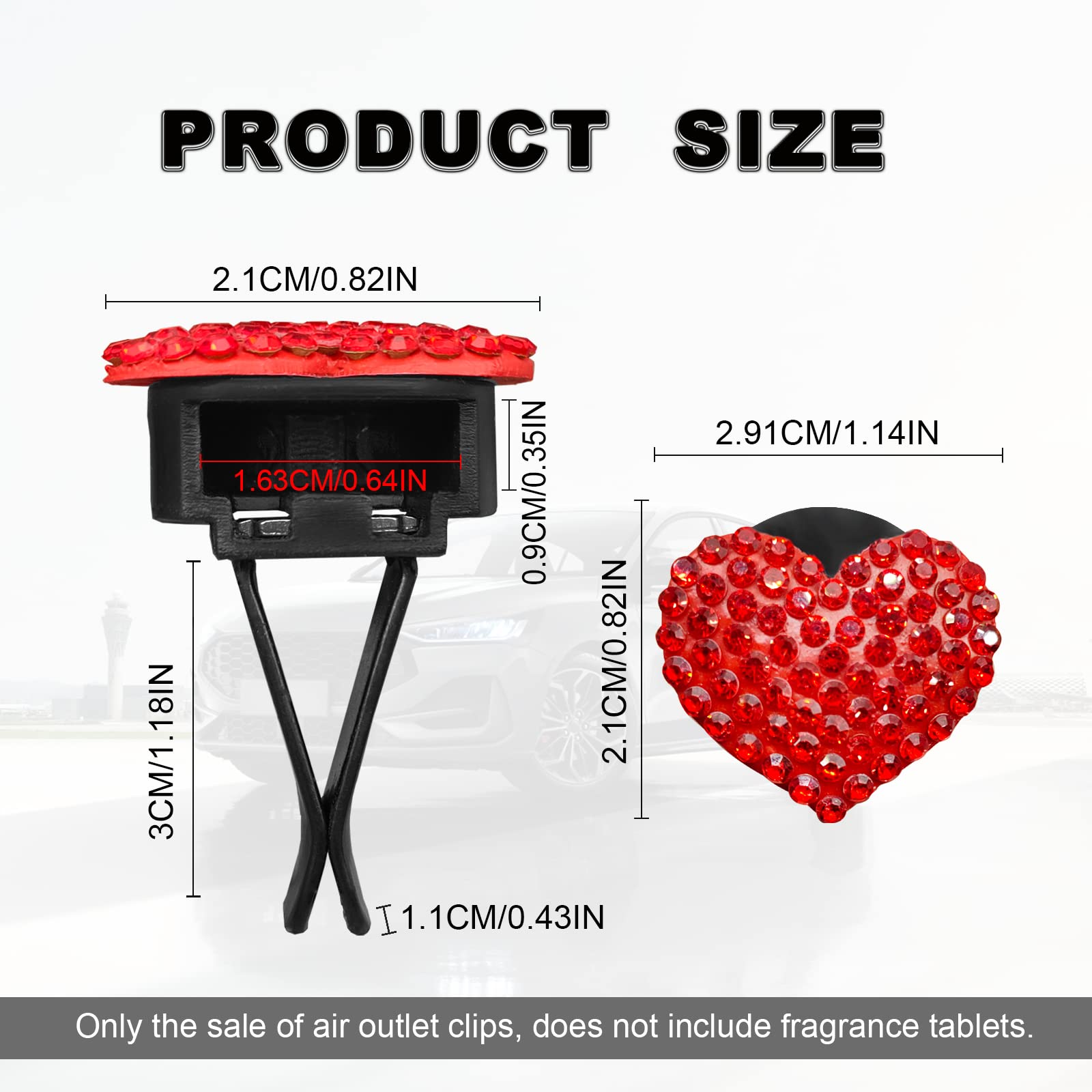 2Pcs Bling Crystal Heart Charms Car Air Vent Clips, Universal Car Interior Decoration Accessories (Red)