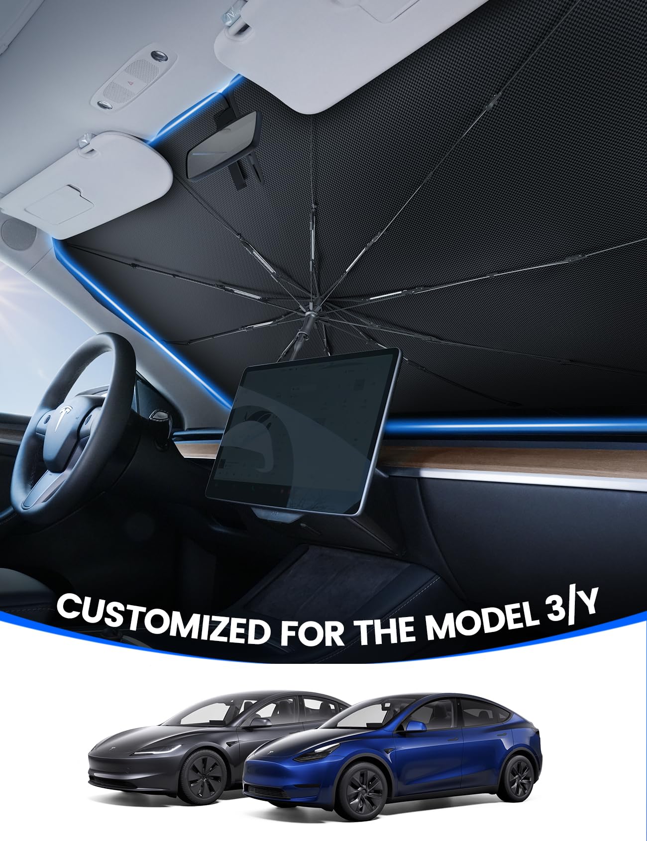 Tesla Model 3/Y Windshield Sunshade - 2025 Upgrade Foldable Sunshade Umbrella, 5-Layer Uv Block, 10-Rib Frame, Fits Tesla Model