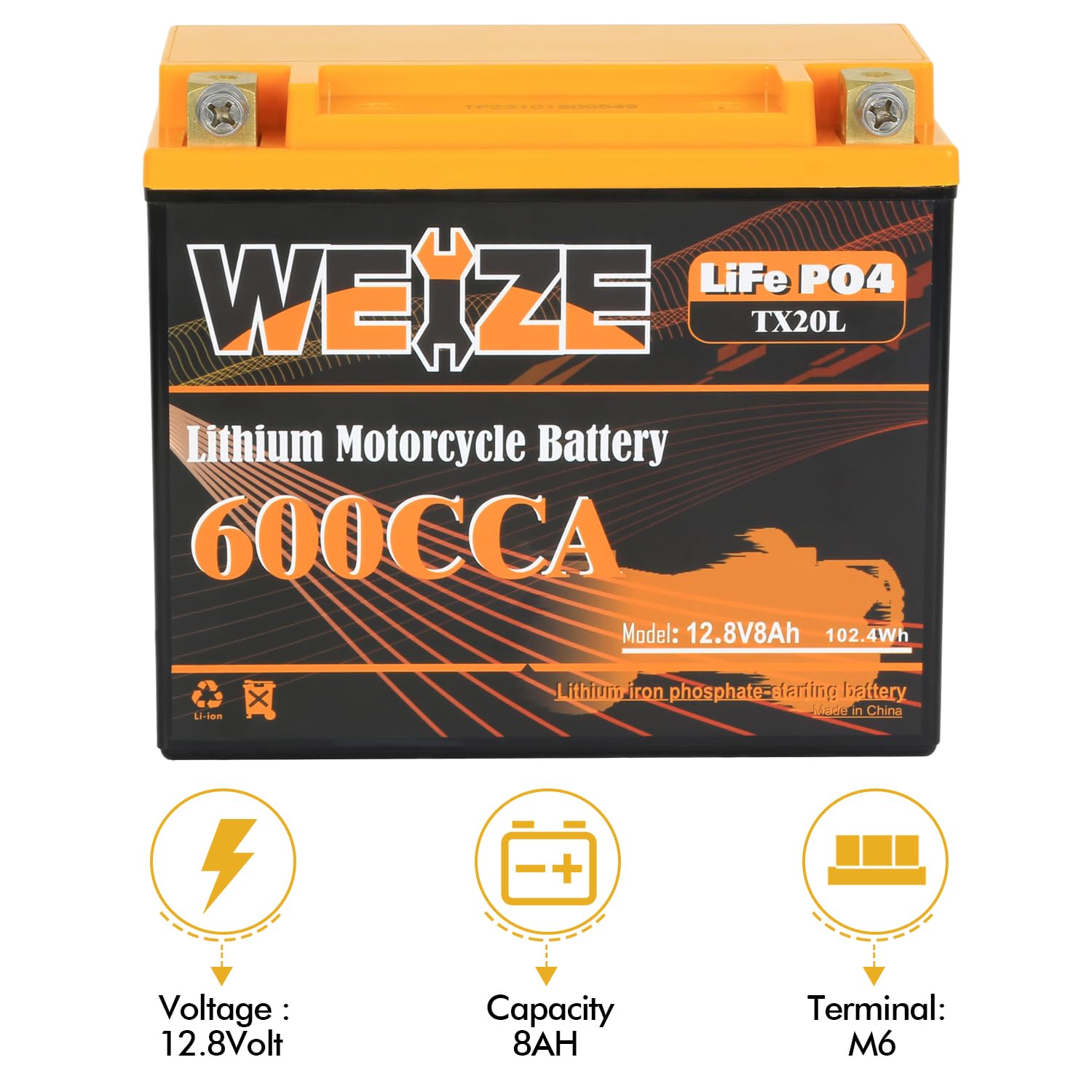 Weize Lithium Ytx20L-Bs, Group 20, 600A Lifepo4 Motorcycle Battery, 12V 8Ah Atv, Utv, Jet Ski, 4 Wheeler, Snowmobile, Personal W
