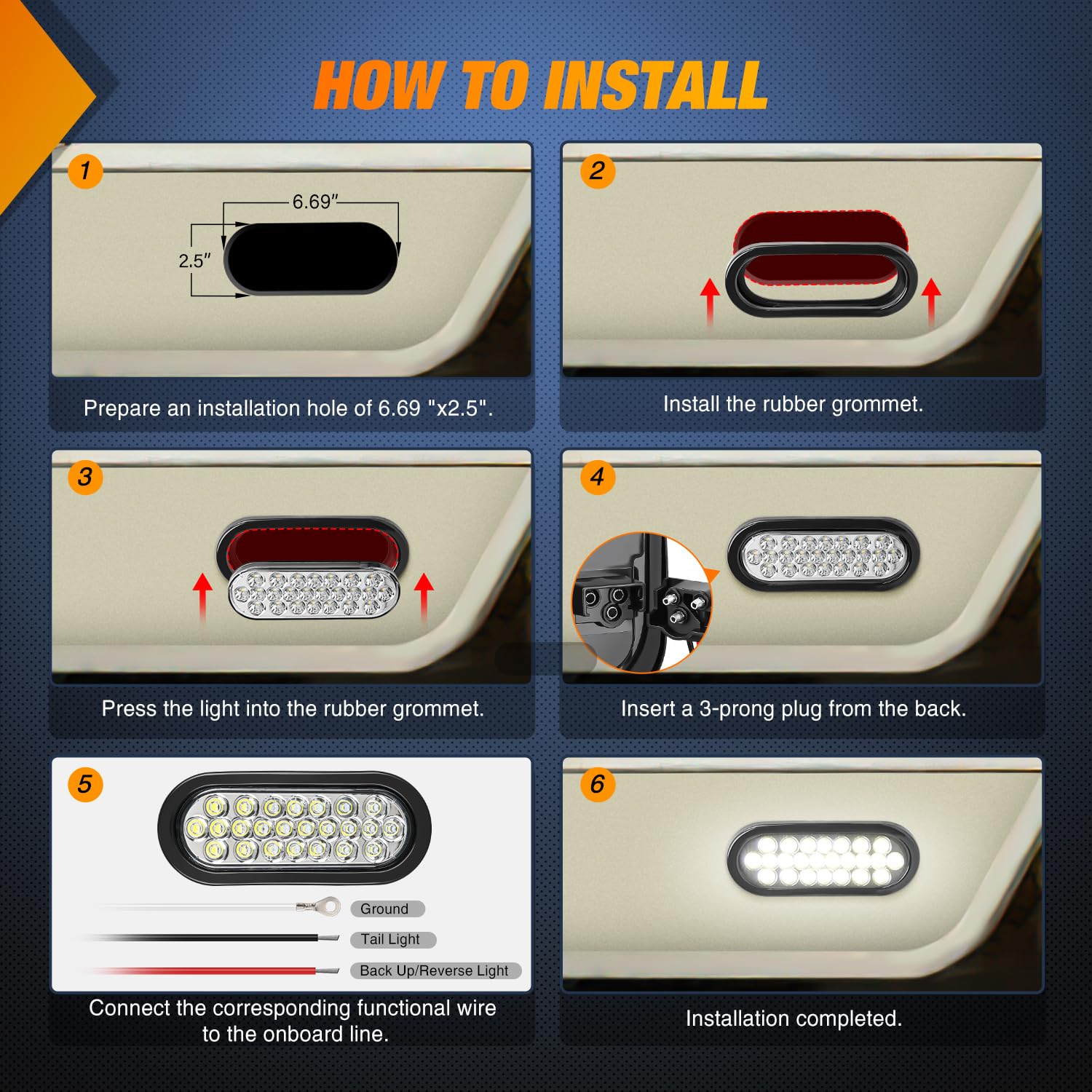 Nilight 6Inch Oval Trailer Tail Light 4Pcs White Red 24Led Brake Turn Signal Reverse Lights W/Flush Mount Grommets Plugs Ip67 Wa