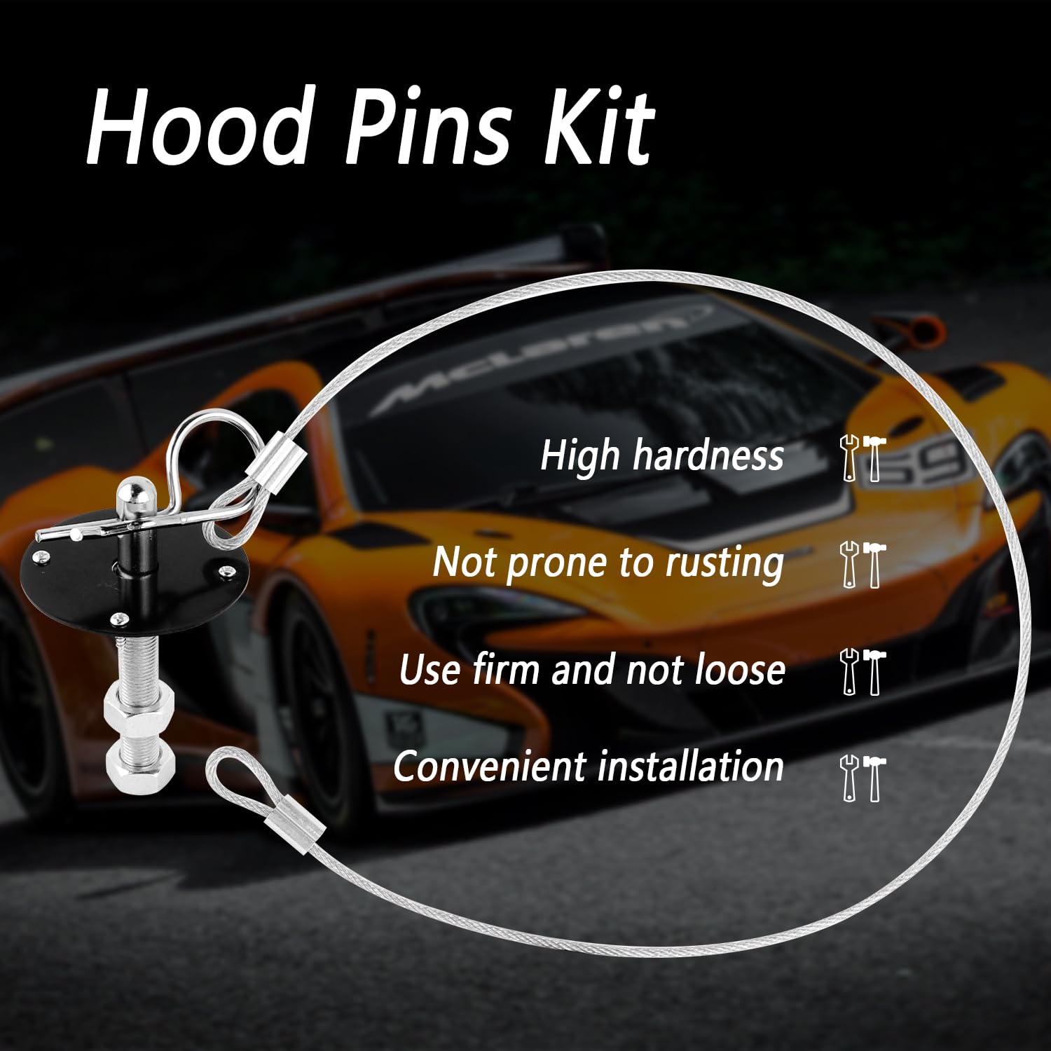 Hood Pins Kit for Car - Stainless Steel Hood Pin Lock Clip with Racing Lanyard for Fixing Car Hood Cover & Reduce Shaking - Univ