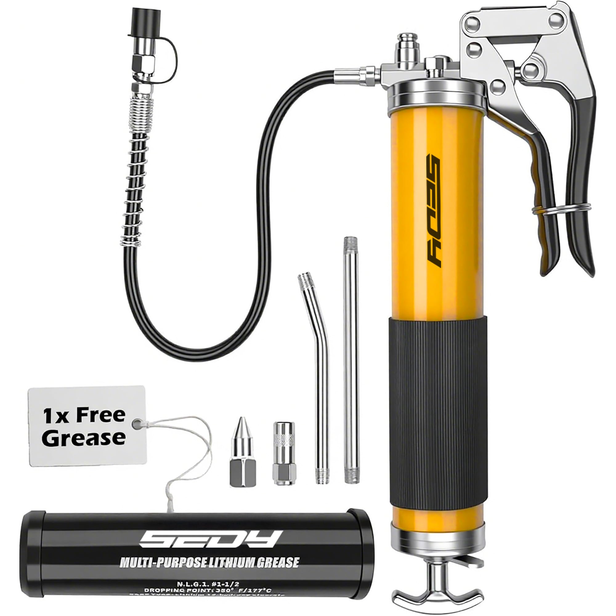 Heavy Duty Grease Gun Kit - 14Oz Free Grease Tube 8000 Psi Pistol High Pressure Flexible Hose Bearing Grease Pump Marine Durable