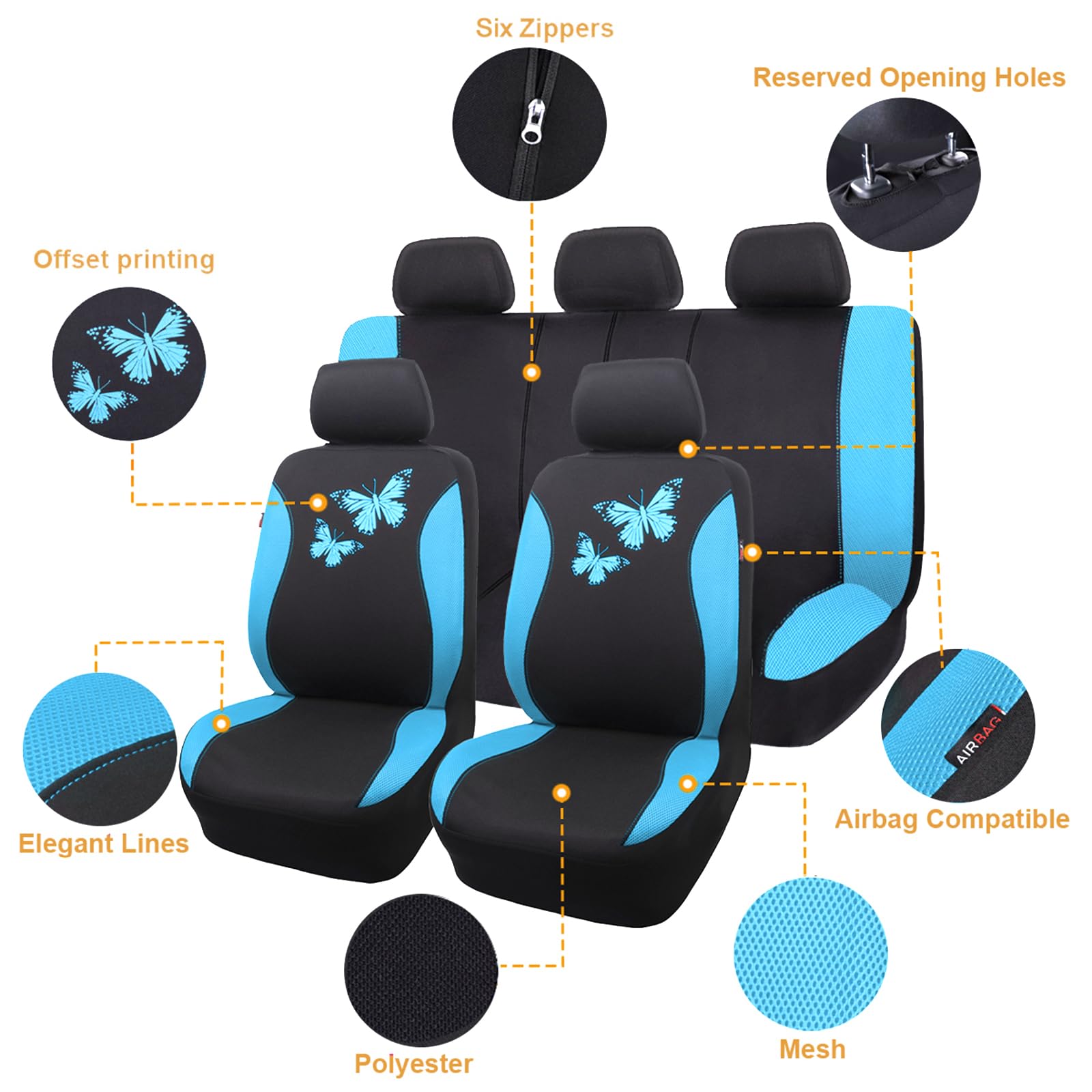 Flying Banner Butterfly Car Seat Covers Ful Set Fashion Universal Lady Woman Female Rear Bench Split Colorized (Full Set, Mint Blue)