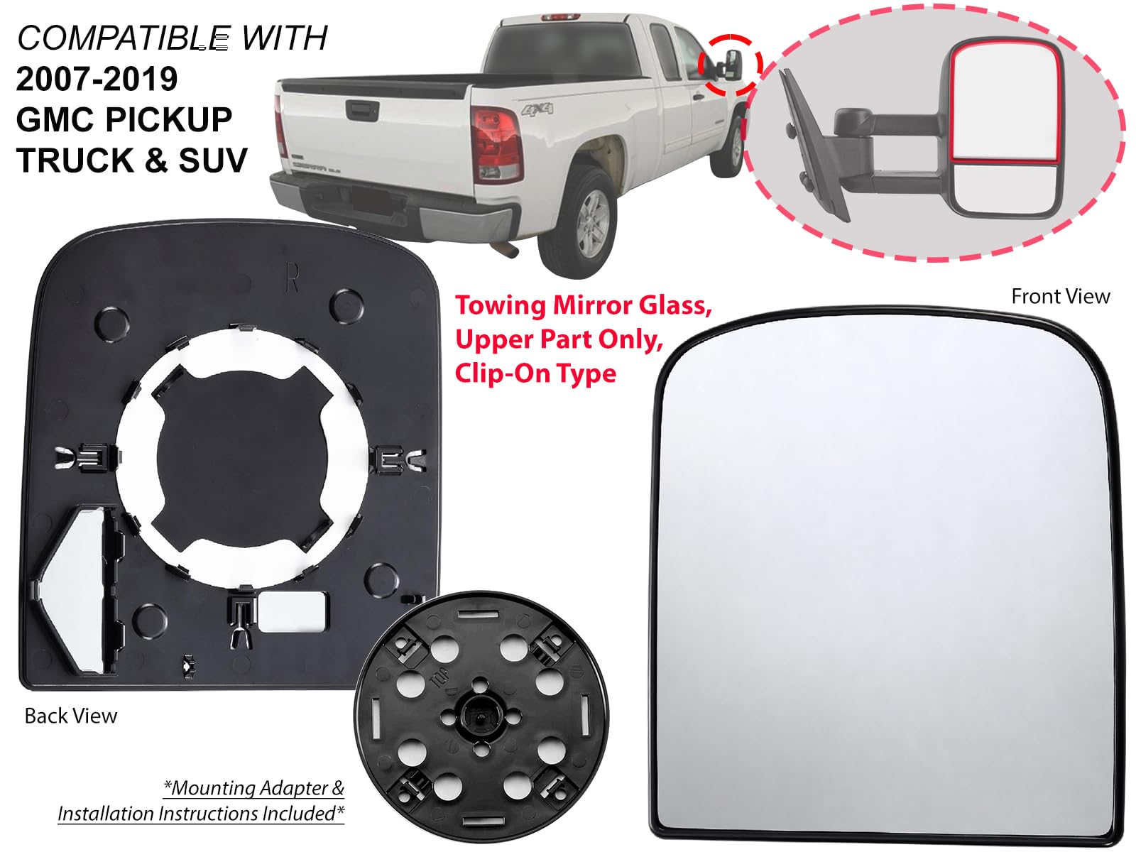 Apa Replacement For Exterior Tow Mirror Glass Upper Part Non-Heated For 2007-2019 Gm Truck Pickup Suv Silverado Sierra Tahoe Yukon Passenger Right Side 15933016 Gm1325141