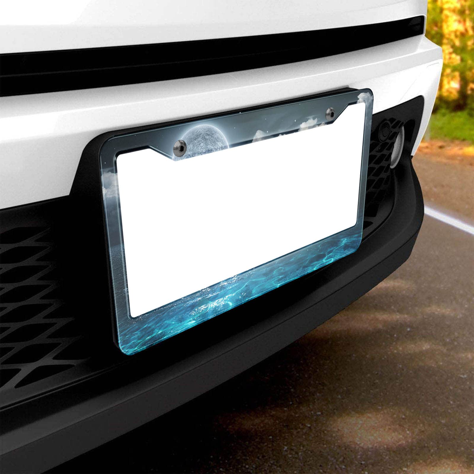 HOSNYE Full Moon on Sea License Plate Frame Night Romantic and Scenic Panorama Metal License Plate Cover Front Plates Frames Car