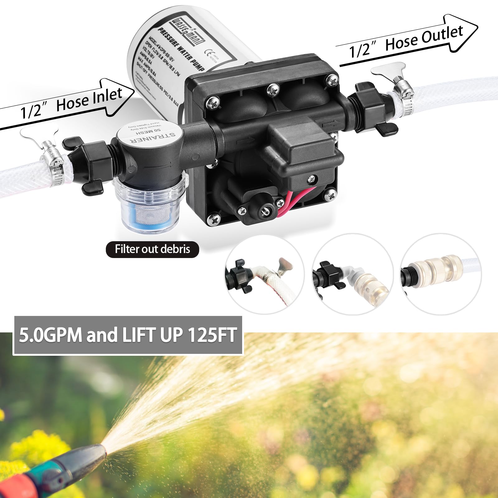 Wassermann Rv Water Pump 12V Dc, Self Priming Diaphragm Pump 5.0 Gpm 55 Psi, Water Pressure Pump With Pressure Switch, For Rv Ma