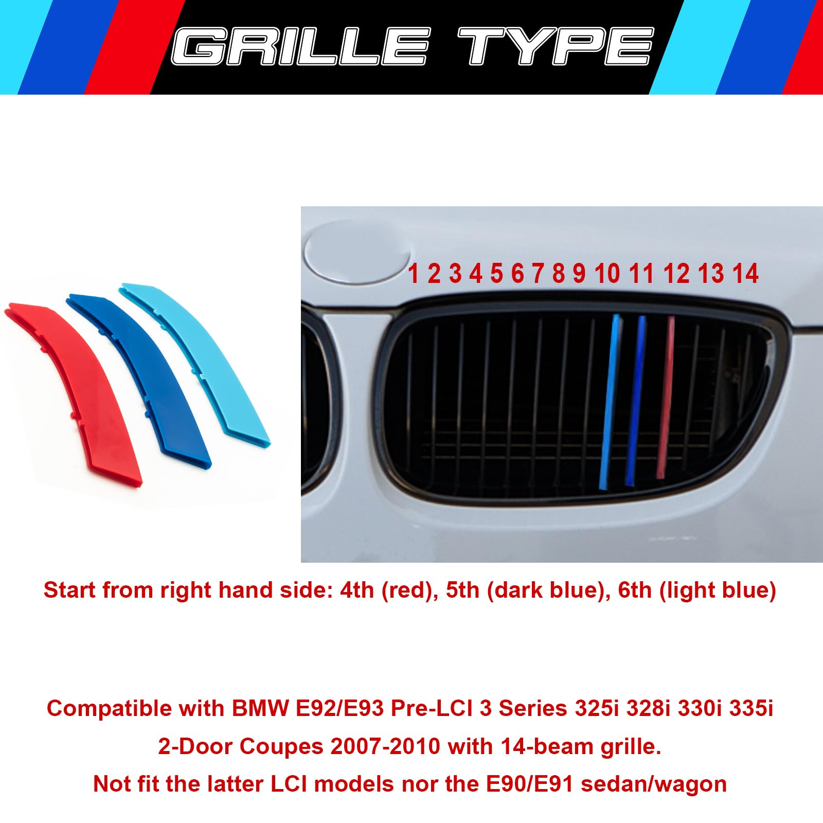 Xotic Tech 3Pcs Exact Fit M-Colored Sporty Grille Kidney Insert Trims Compatible With 2007-2010 Bmw 3 Series E92 E93 Pre-Lci 325
