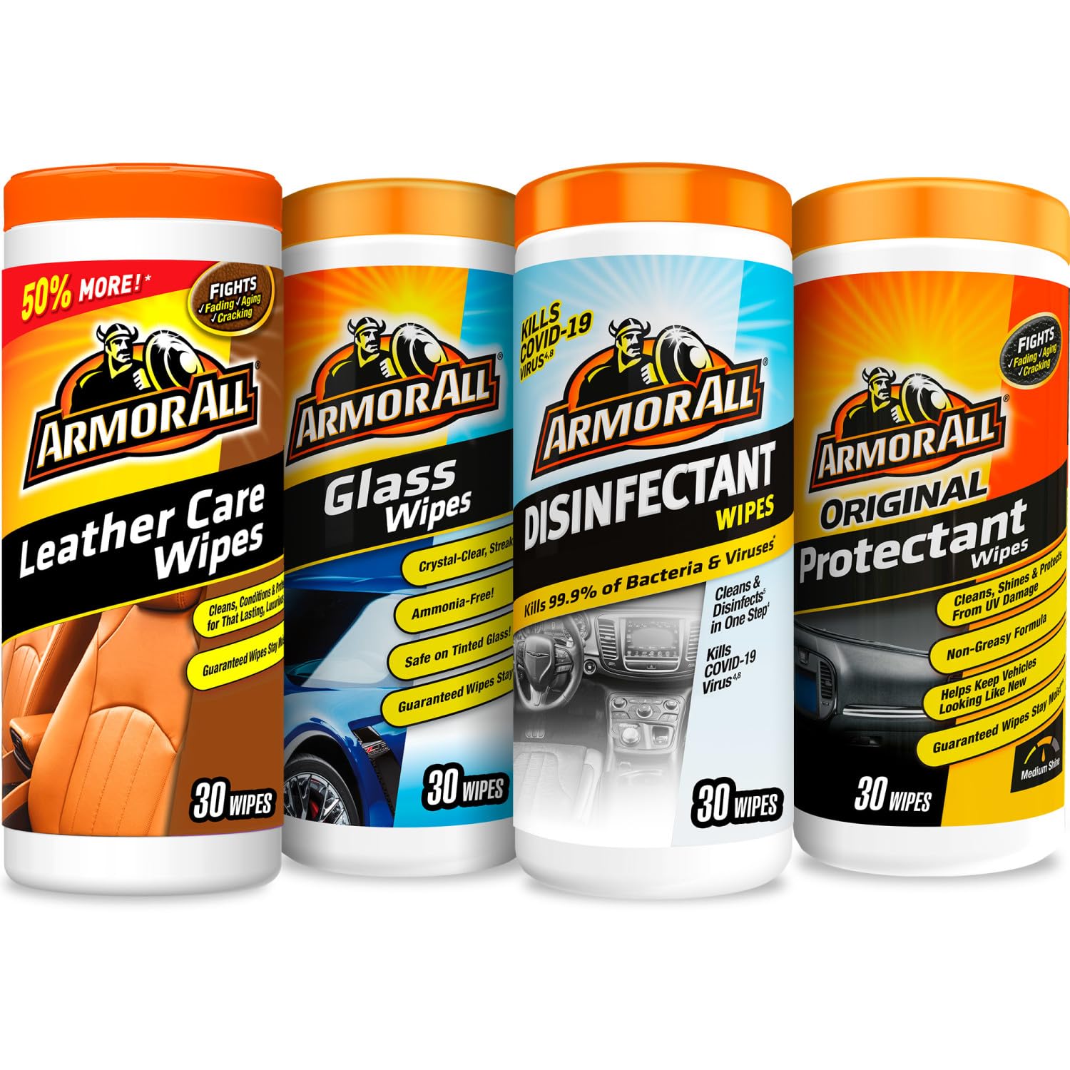 Armor All Interior Car Cleaning Wipes Kit, Disinfects, Protects, and Cleans Car Interiors, Includes Leather Care Wipes, Glass Wi