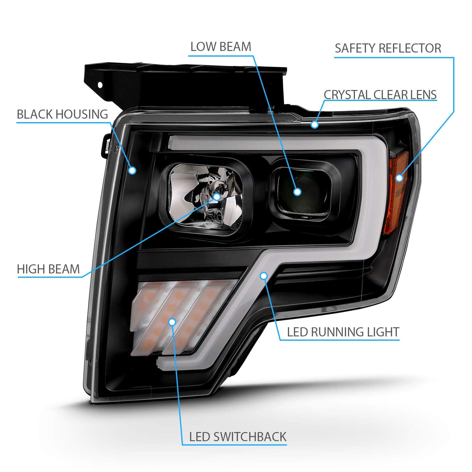 Amerilite Replacement Headlights Switchback Led, Halogen, Tube Quad Projector Set For 2009-2014 Ford F150 - Passenger And Driver