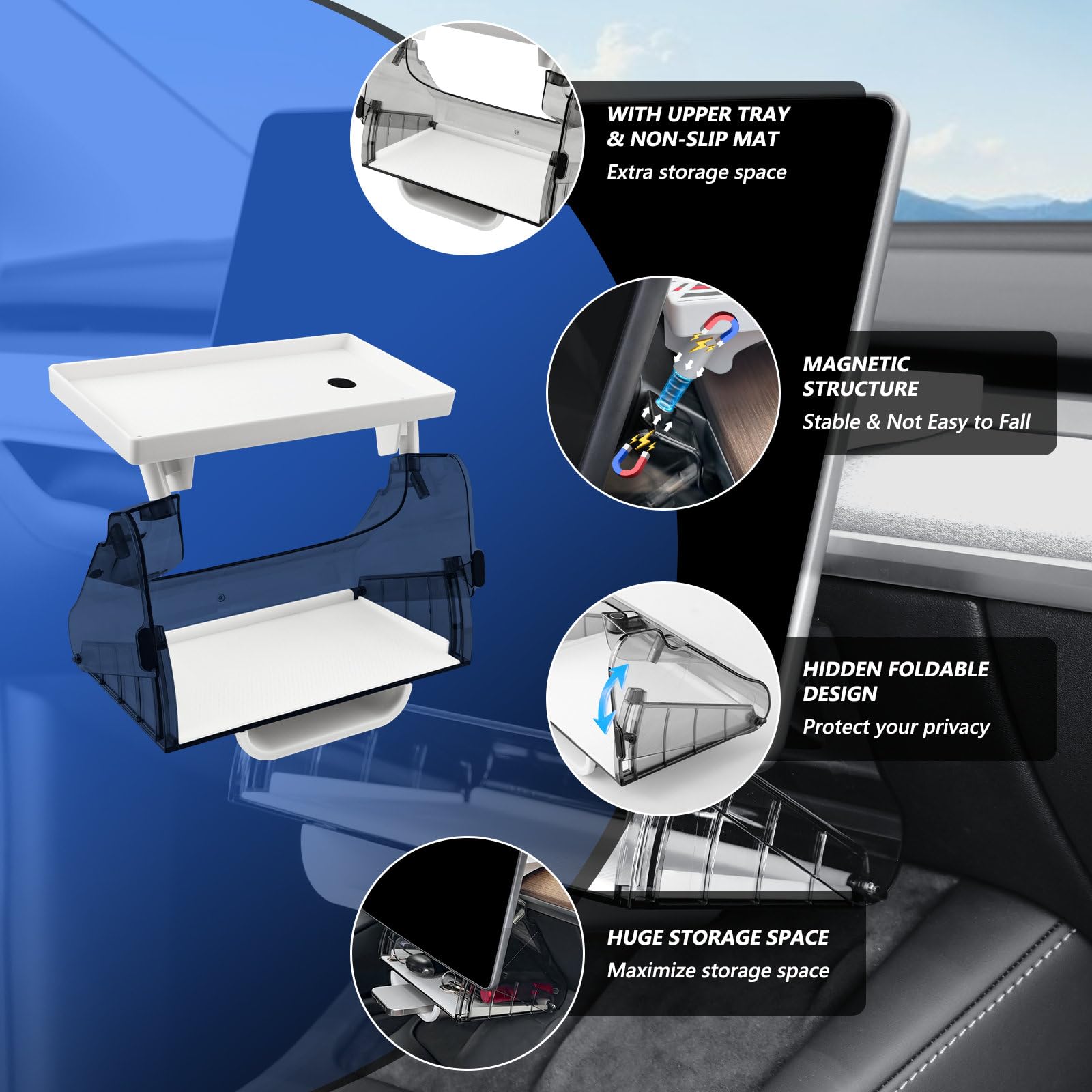 Klutchtech Model 3/Y Hideable Under Screen Storage Magnetic Center Console Organizer Behind Screen Tray Compatible With Tesla Mo
