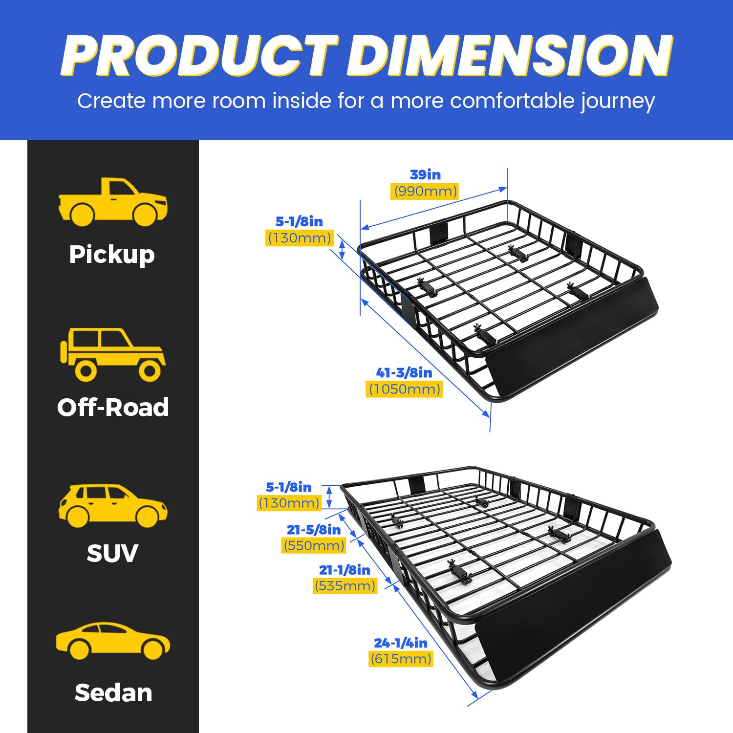 Ecotric 67 X 39 X 5.1'' Universal Roof Rack Cargo Carrier Basket With Extension Heavy Duty Steel Car Suv Top Luggage Storage Holder Basket For Travel 550Lbs Weight Capacity