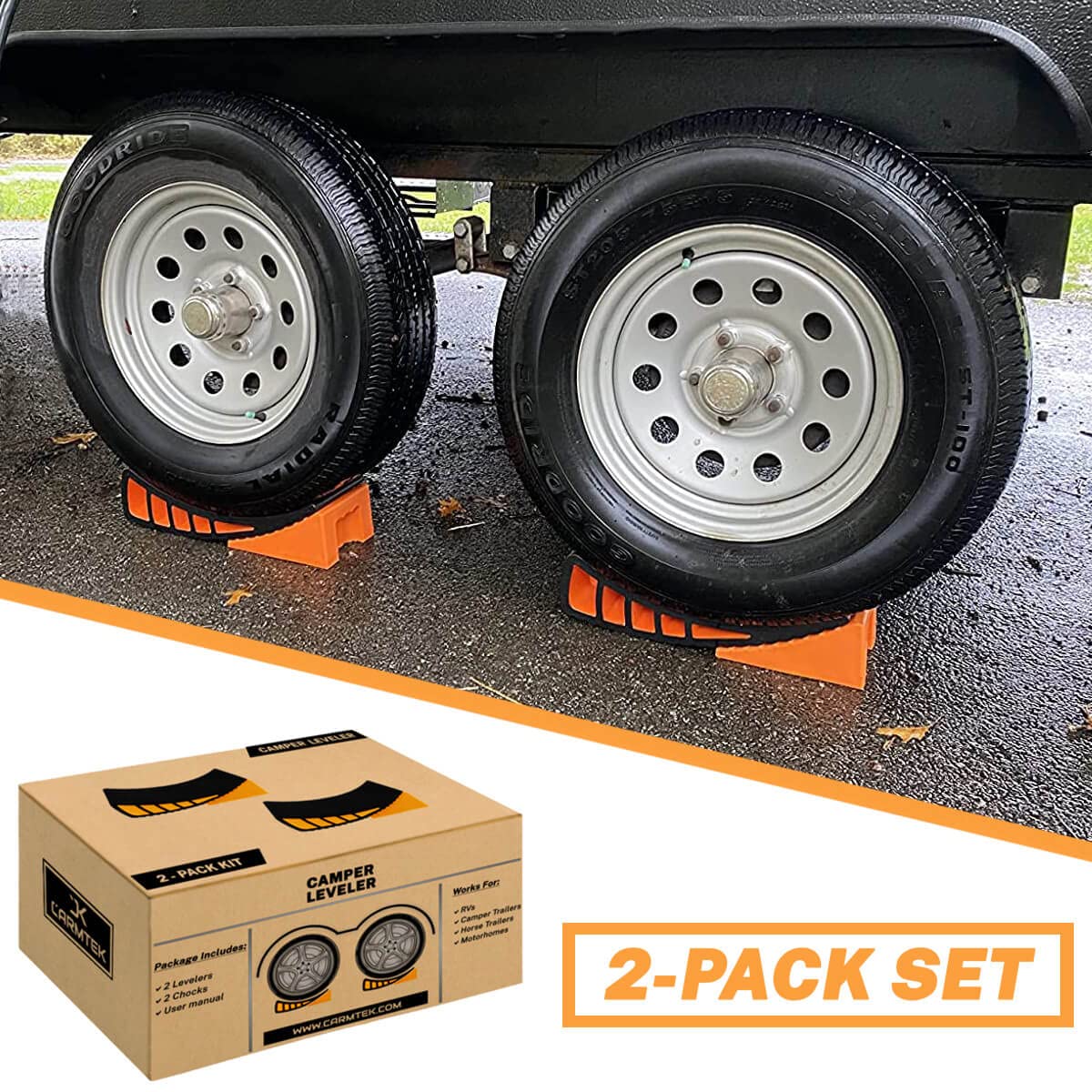 CARMTEK RV Leveler 2-Pack with Wheel Chocks | Curved Design for Dual Axle Trailers | Faster Leveling System | Essential RV Accessories