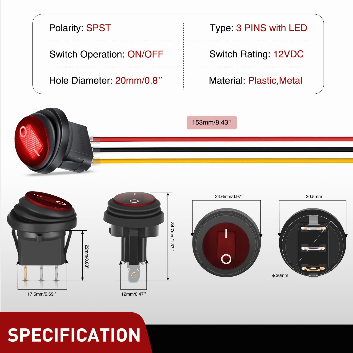 Nilight 5Pcs Waterproof Round Rocker Toggle Red Led Switch 12V 20A 3 Pin On Off Spst For Car Truck Boat Marine Automotive Rv Wit