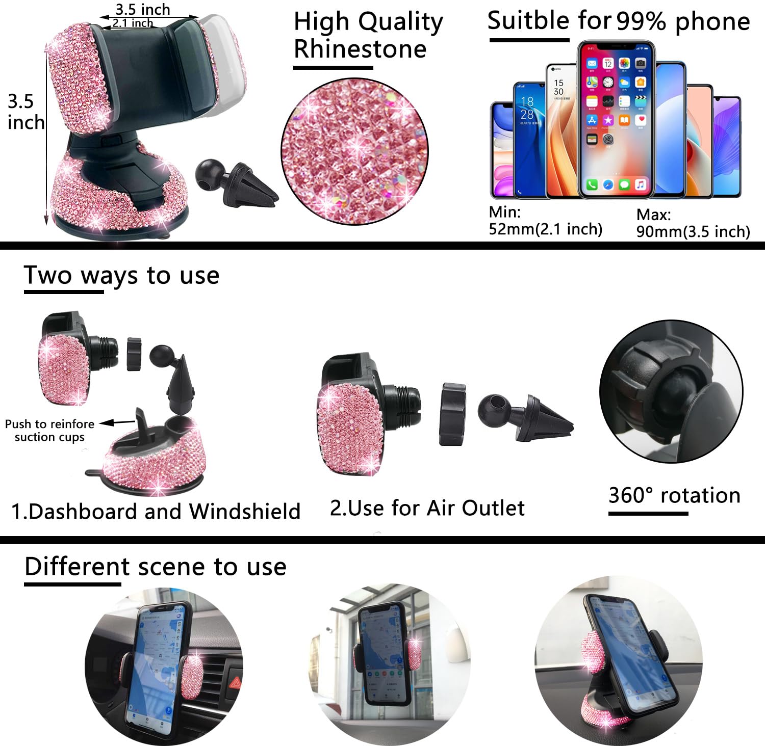 Nbtepem 27 Pcs Pink Bling Car Accessories Set For Women, Bling Steering Wheel Covers Universal Fit 15 Inch, Bling License Plate