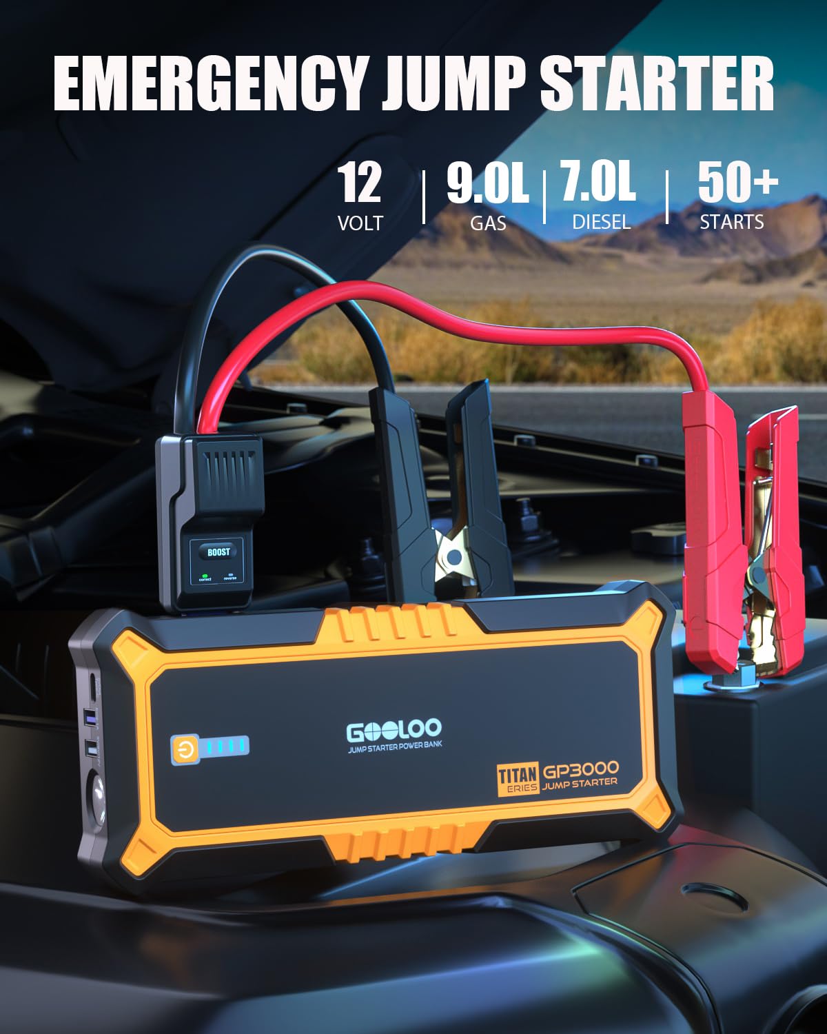 Gooloo Gp3000 Jump Starter, 3000A Portable Car Jump Starter For Up To 10.0L Gas Engines & 8.0L Diesel, 12V Supersafe Lithium Jum