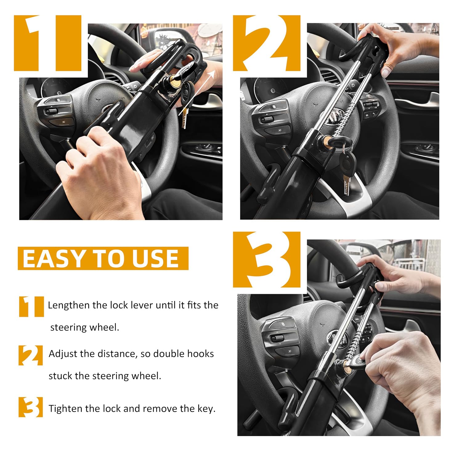 Knfrxo Steering Wheel Lock For Car Universal Adjustable Length Anti-Theft Device Car Locks Double Hook Locks For Car Suv Pickup