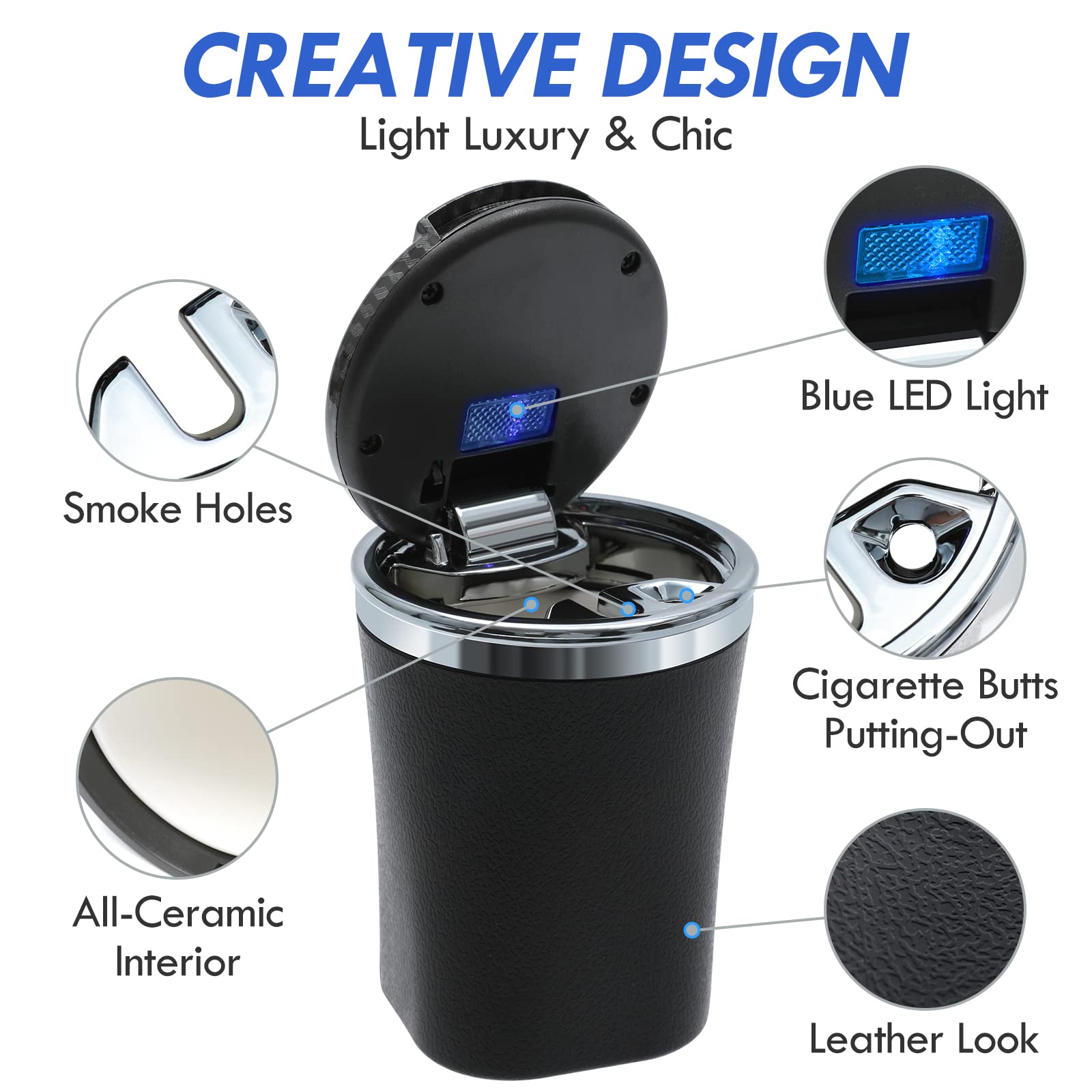 Car Ashtray With Lid Auto Ashtrays Smell Proof Smokeless Ashtray For Car Easy Clean Up Detachable Ash Tray With Led Blue Light (Black)