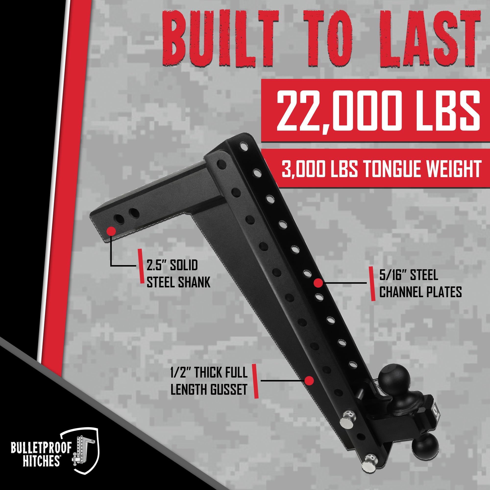 Bulletproof Hitches - 2.5'' Adjustable Heavy Duty Trailer Hitch (22,000 Lb. Rating) - 20'' Drop/Rise Trailer Hitch With 2'' & 2-