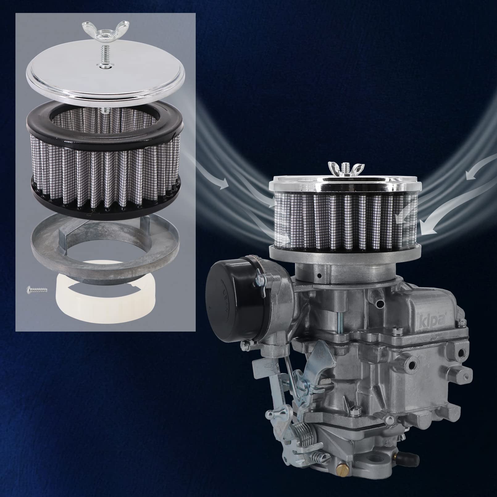 Kipa Chrome Air Cleaner Filter 4' X 2' Assembly Fits For Carburetor With 2 5/8' Or 2 5/16' Neck Diameter Washable 7151 4354 1489 6475 4790