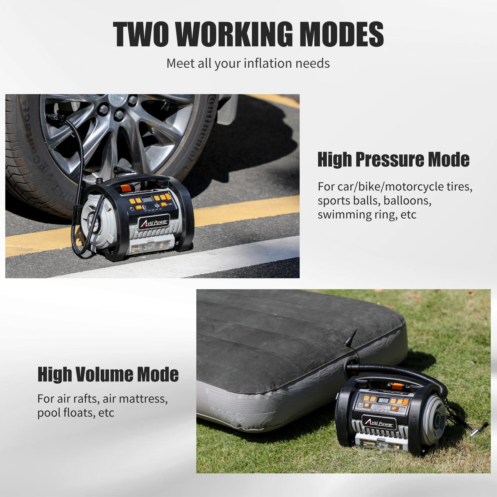 Avid Power Portable Tire Inflator Air Compressor with 20V Battery & 12V Car Adapter - Inflation & Deflation - Grey