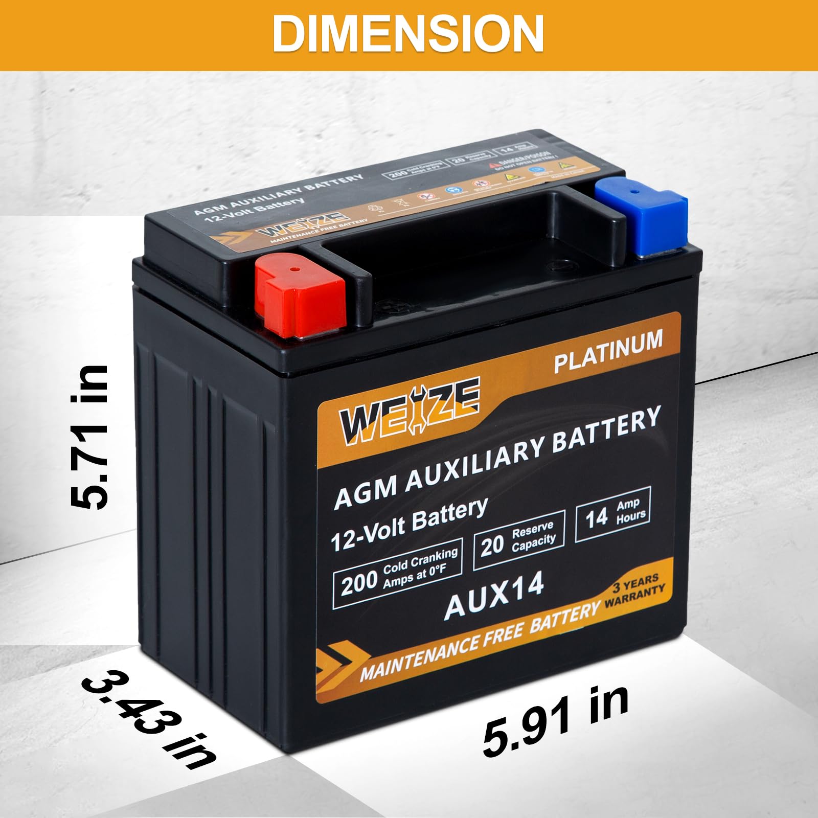 Weize Aux14 Agm Auxiliary Battery, 36 Months Warranty, 200Cca, Bci Group 400 Battery