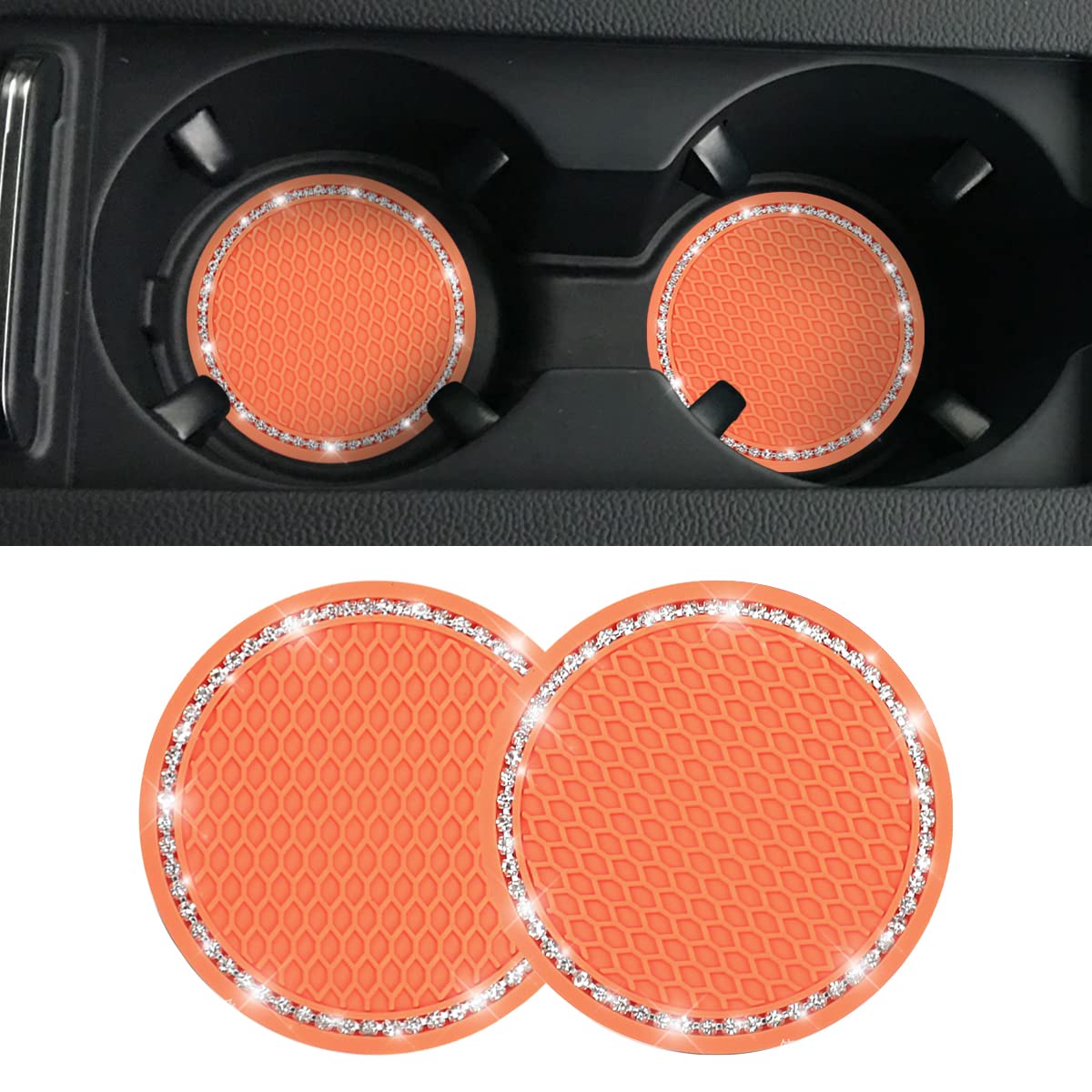2 Pack Car Bling Cup Holder Coaster, 2.75 Inch Crystal Rhinestone Car Cup Holder Insert Coaster,Universal For Cars, Vehicles, Suvs, Car Interior Accessories For Women And Men (Orange)