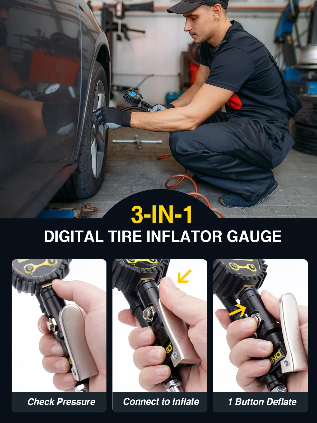 AZUNO Digital Tire Inflator with Pressure Gauge, 200 PSI, Aluminum, Model TG200PVB02, Heavy Duty with LED Flashlight and 7pcs Accessories