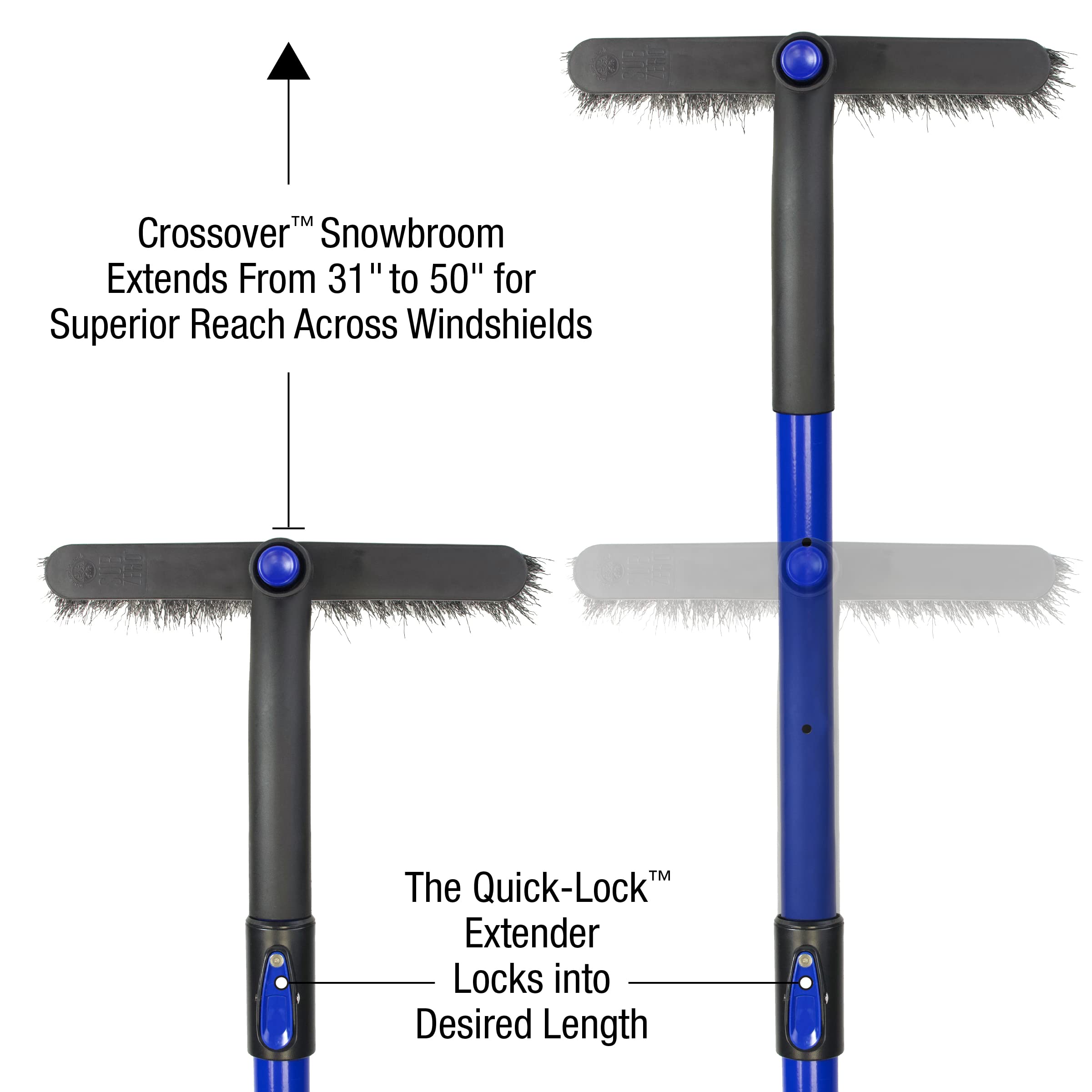 SubZero 50" Crossover Super Duty Extendable Snowbroom with Pivoting Head & Ice Scraper, Black/Blue, Model 14039, Aluminum