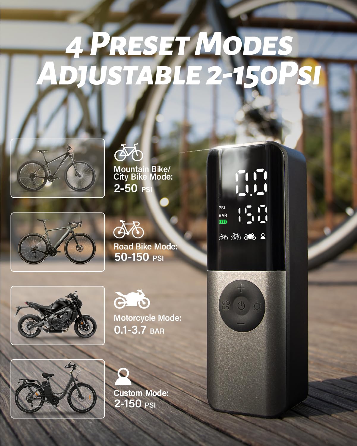 Gputek Mini Bike Electric Air Pump: 150Psi Portable Bicycle Tire Pump With Digital Pressure Gauge For Road, Mountain, E-Bike, Mo