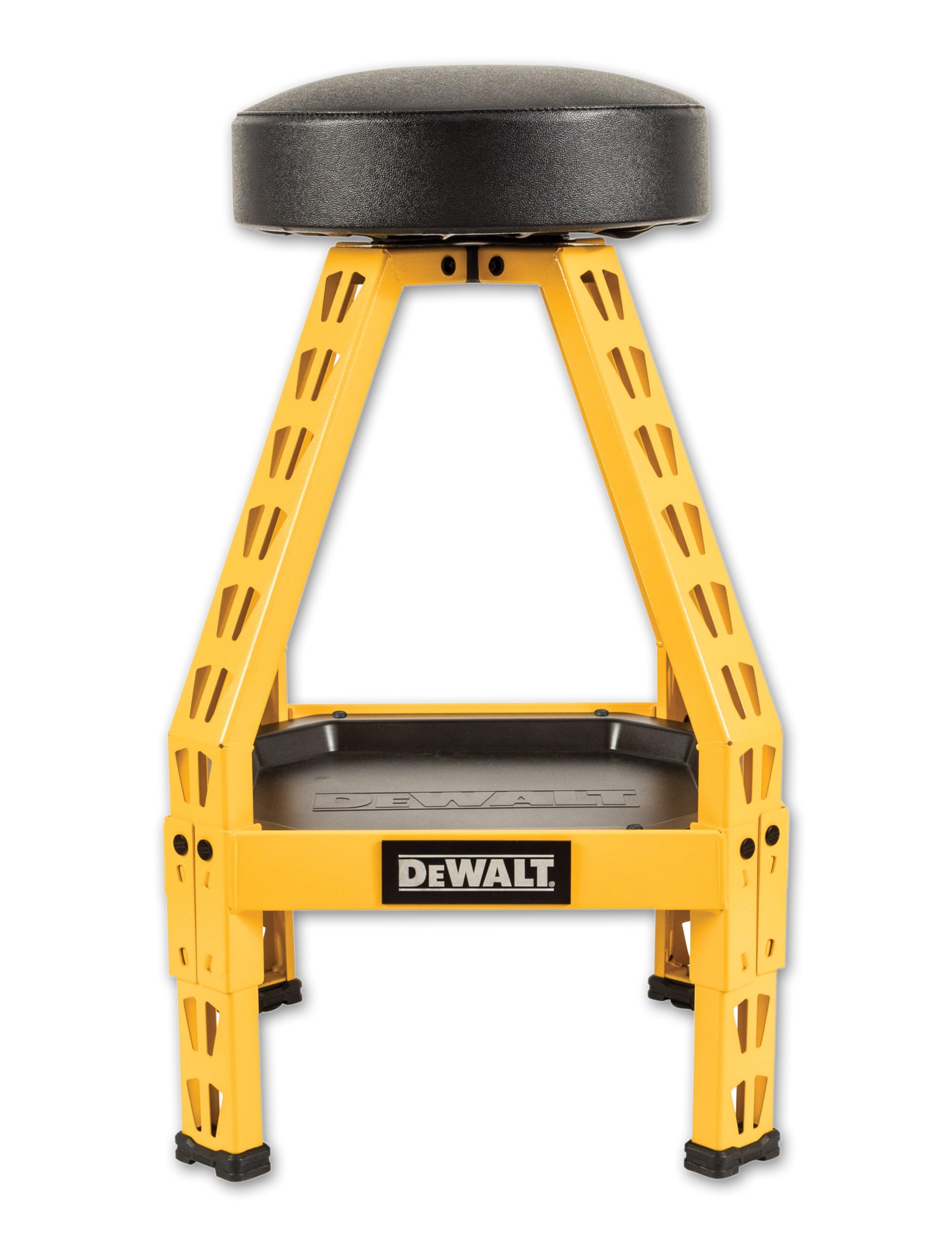 DEWALT Heavy-Duty Metal Stool for Garage and Shop, 360 Swivel Seat, Storage Tray, Padded Rip-Resistant Seat, Steel Frame, Indust
