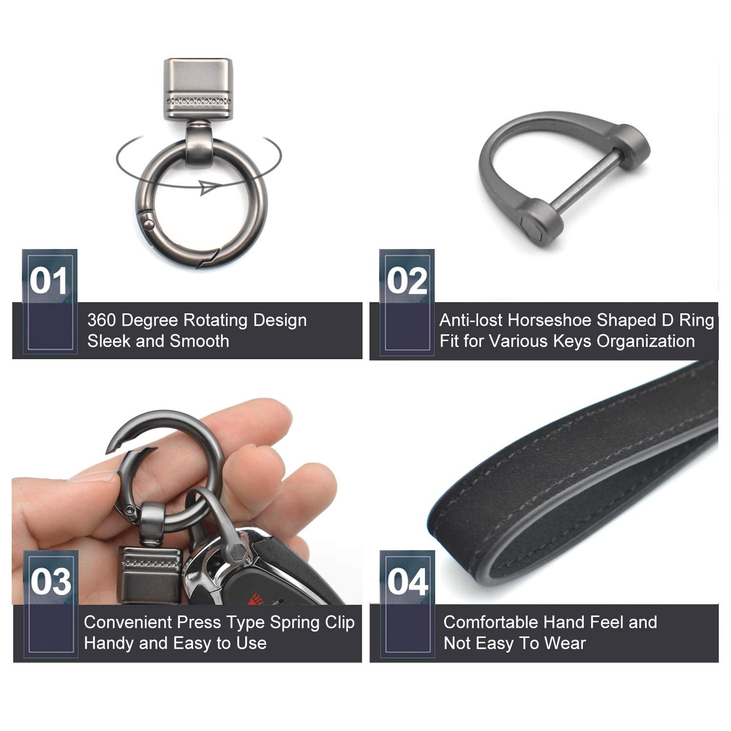 Car Fob Key Chain Genuine Leather Keychains Holder For Men And Women, 360 Degree Rotatable, With Anti-Lost D-Ring, Circle Carabiner And Key Rings, Black