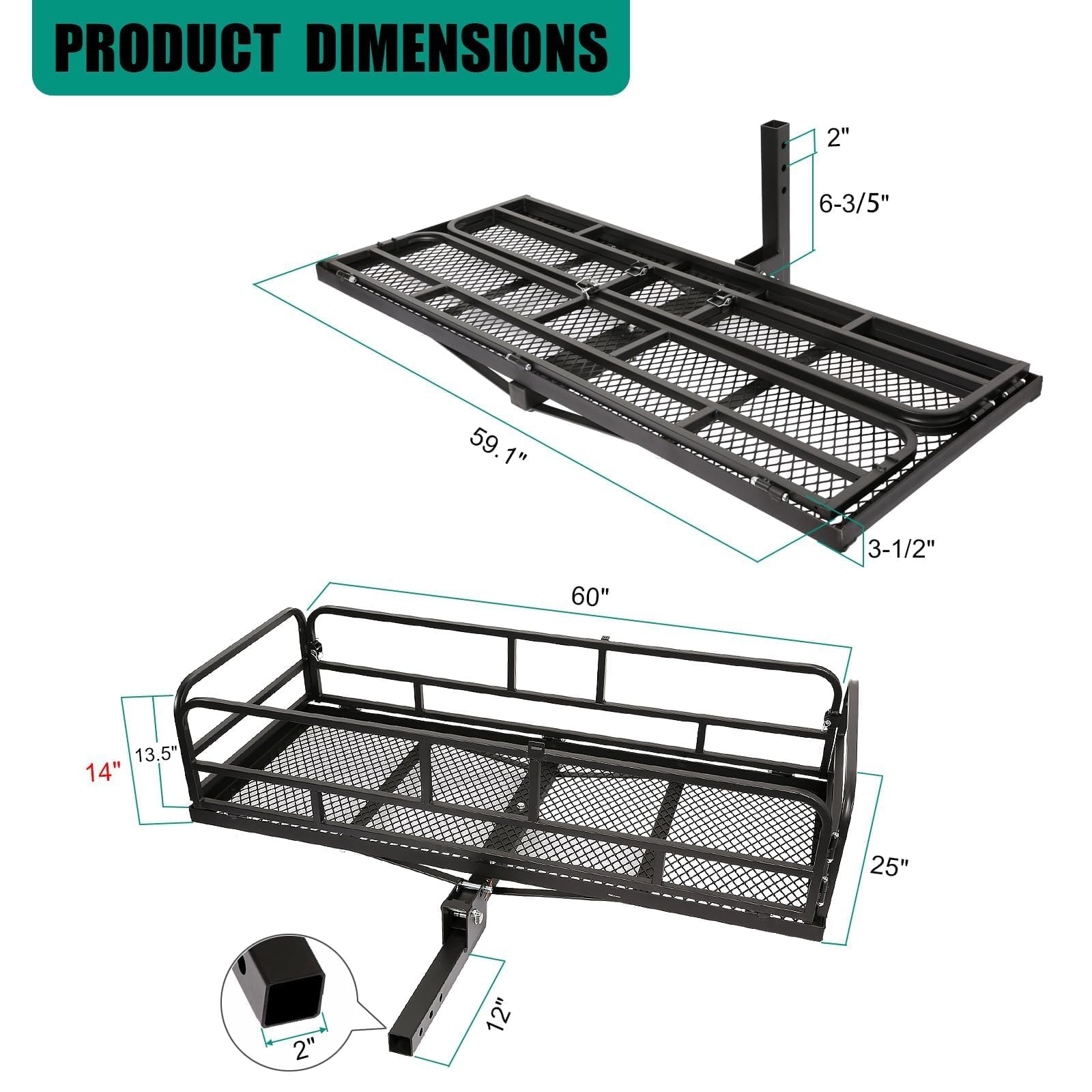 LITBM Hitch Cargo Rack, 60 x 24 x 14 Inch Folding Hitch Mount Cargo Carrier with High Side Rails for Trailer RV Truck SUV Van, 5