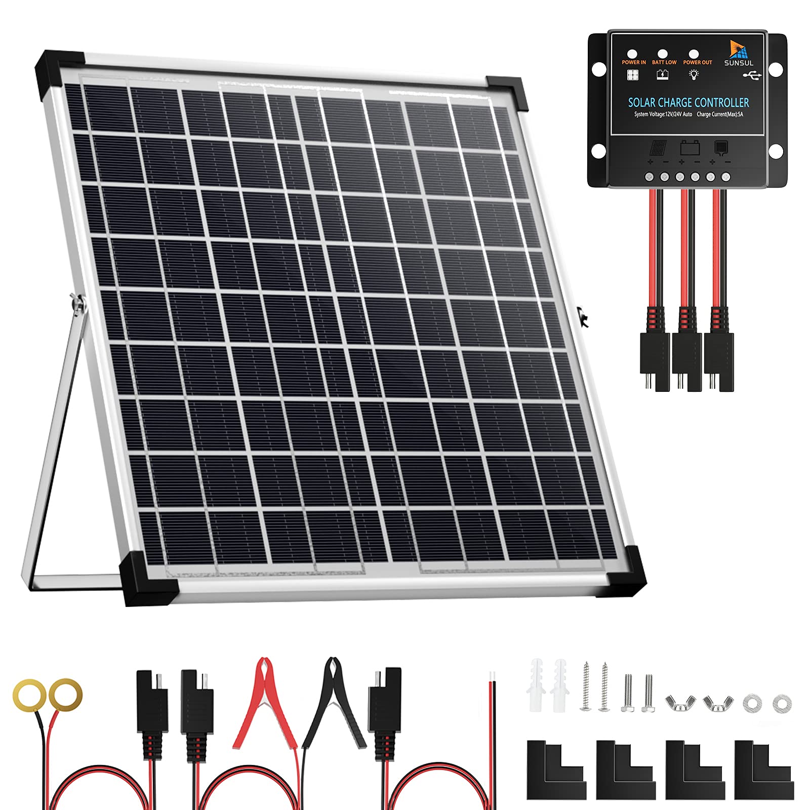 Sunsul 20W 12V Solar Panel Kit With Trickle Charger, Maintainer, And Adjustable Mount Bracket For Marine, Automotive, Rv, Motorcycle, And Boat.