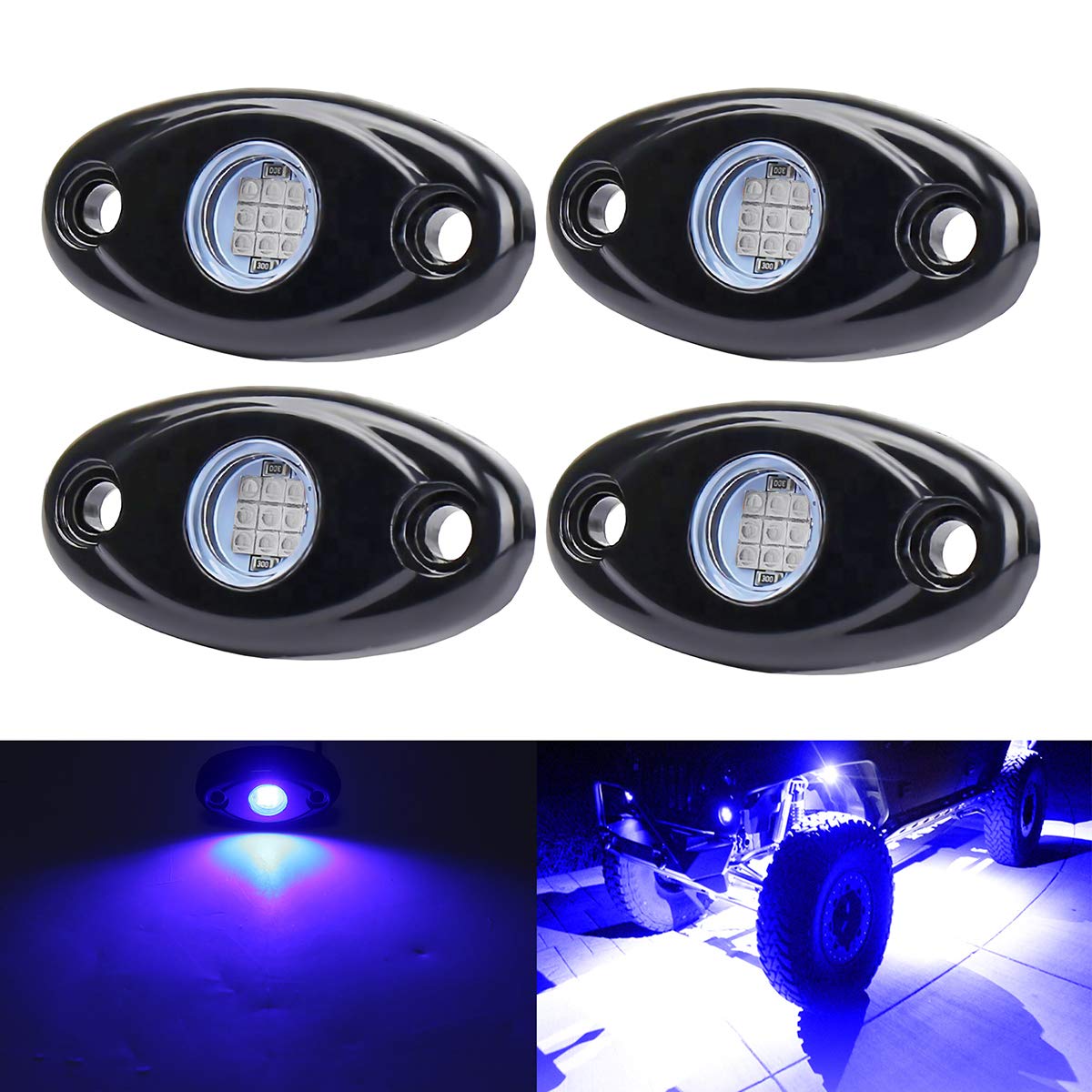 Blue Led Rock Lights, 4 Pods Neon 12V Waterproof Underglow Underbody Kit Crawler Crawling Dome Exterior Wheel Lights For Atv Rzr