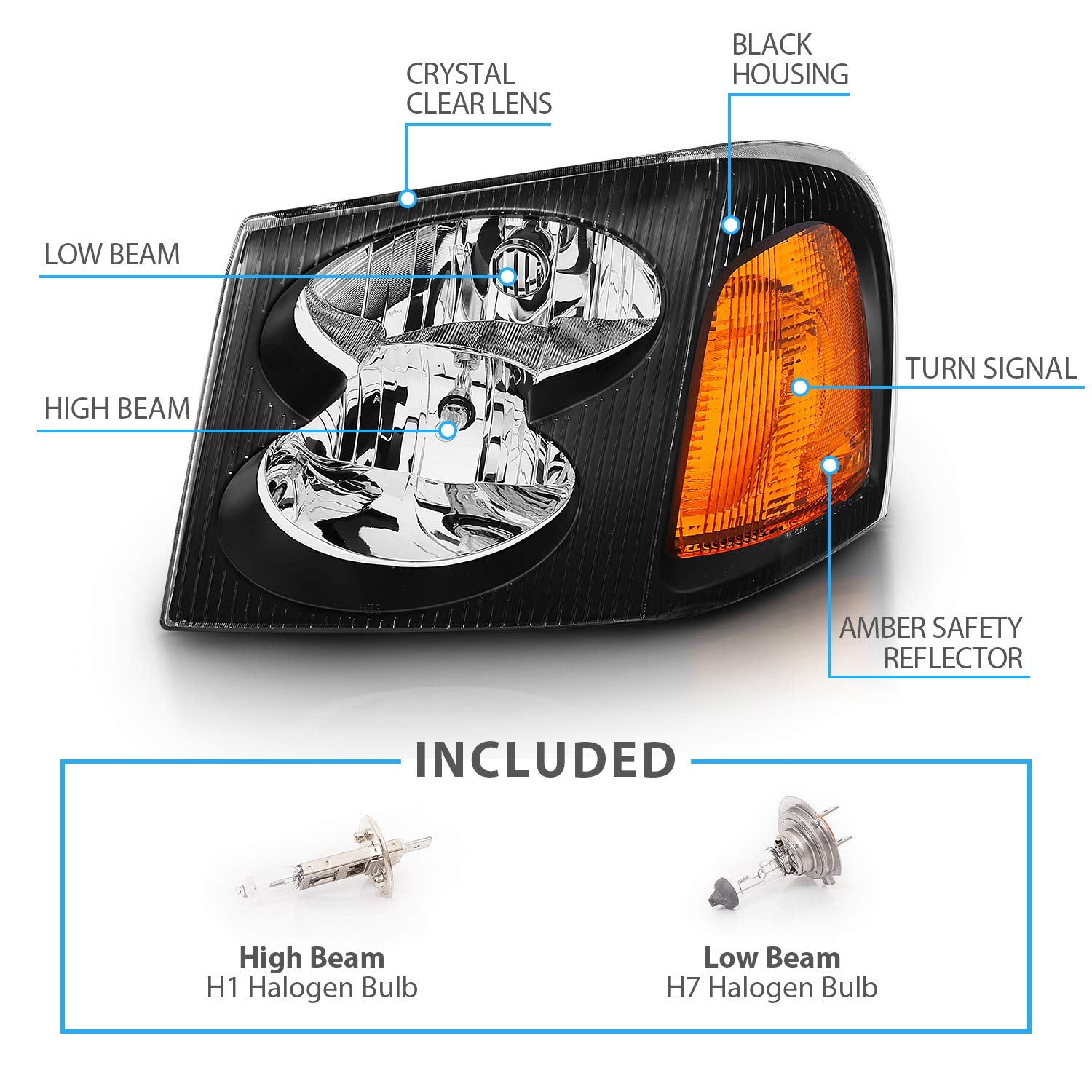 Amerilite Black Replacement Headlights Set For Gmc Envoy - Passenger And Driver Side With Hi/Lo Beam Bulbs