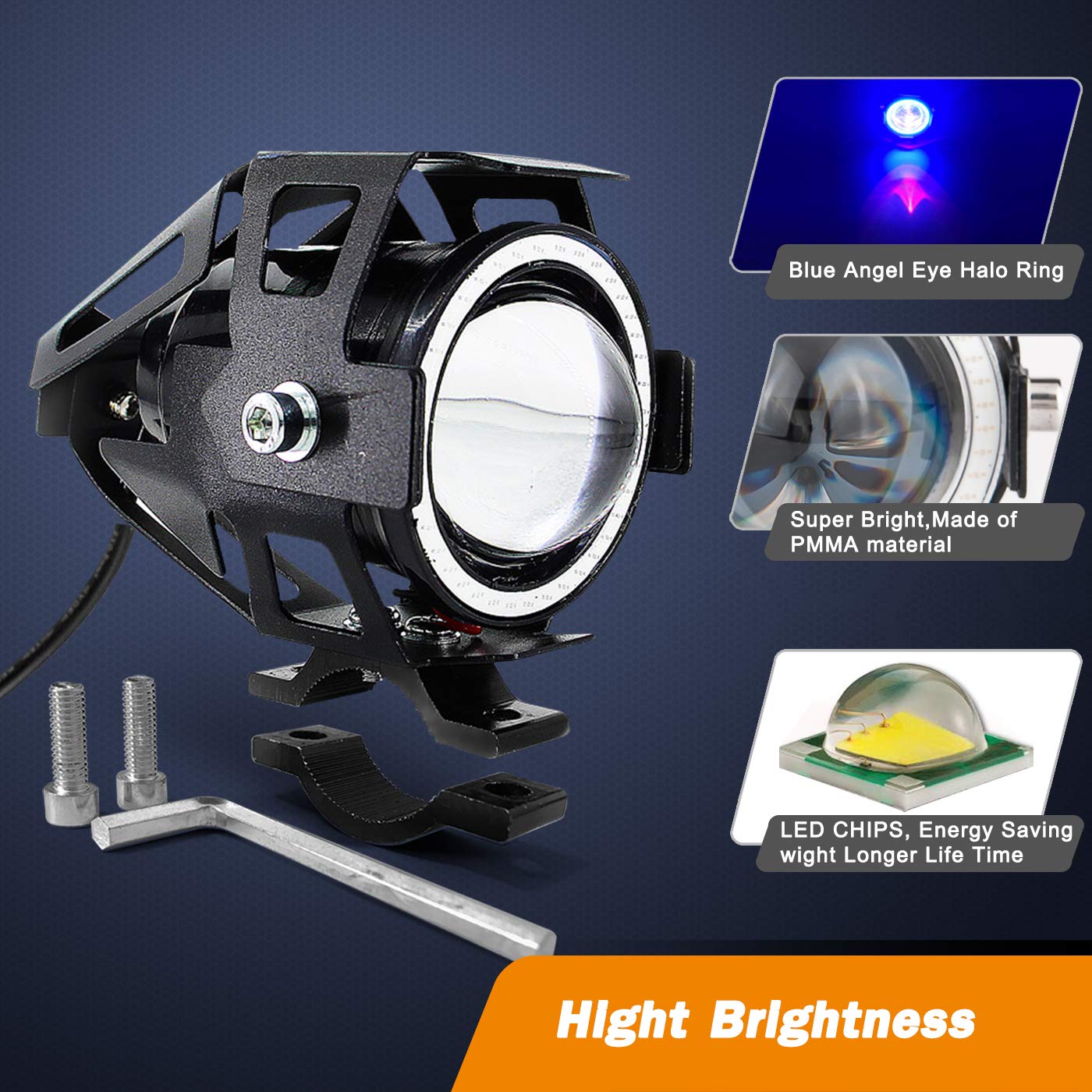 Motorcycle Led Fog Lights U7 Spotlight Daytime Running Lights Bicycle Lights With Blue Angel Eyes Halo Ring And Switch 2-Sets