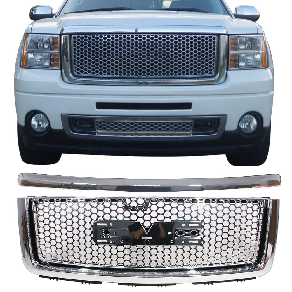 Grille Compatible With 2007-2013 Gmc Sierra 1500 Denali, Abs Plastic Chrome Front Upper Hood Grille + Molding By Ikon Motorsport