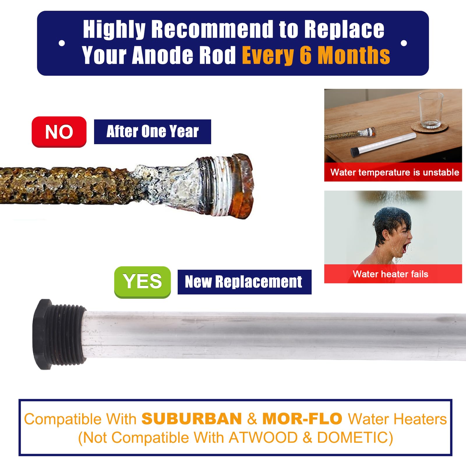 5Pack Rv Water Heater Anode Rod & Flush Wand & Element Socket - 9.25''L X 3/4''Npt Thread Magnesium Rod For Suburban, Mor-Flo, C