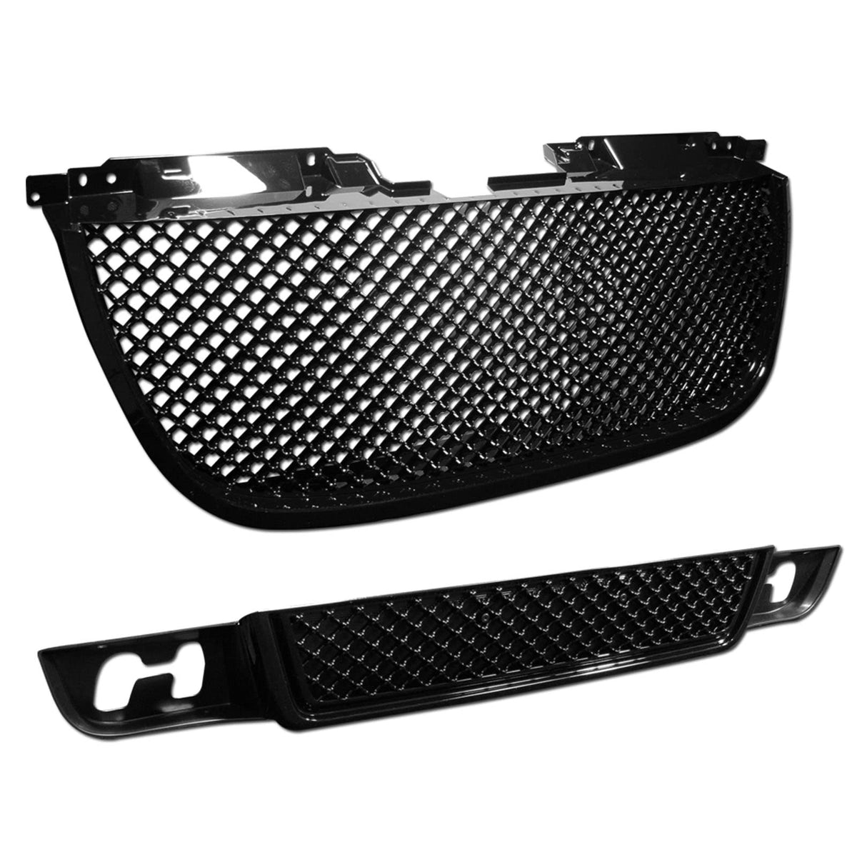 Glossy Black Mesh Front Upper Hood Grill + Lower Bumper Grille Guard ABS Compatible With 07-14 GMC Yukon/XL/Denali