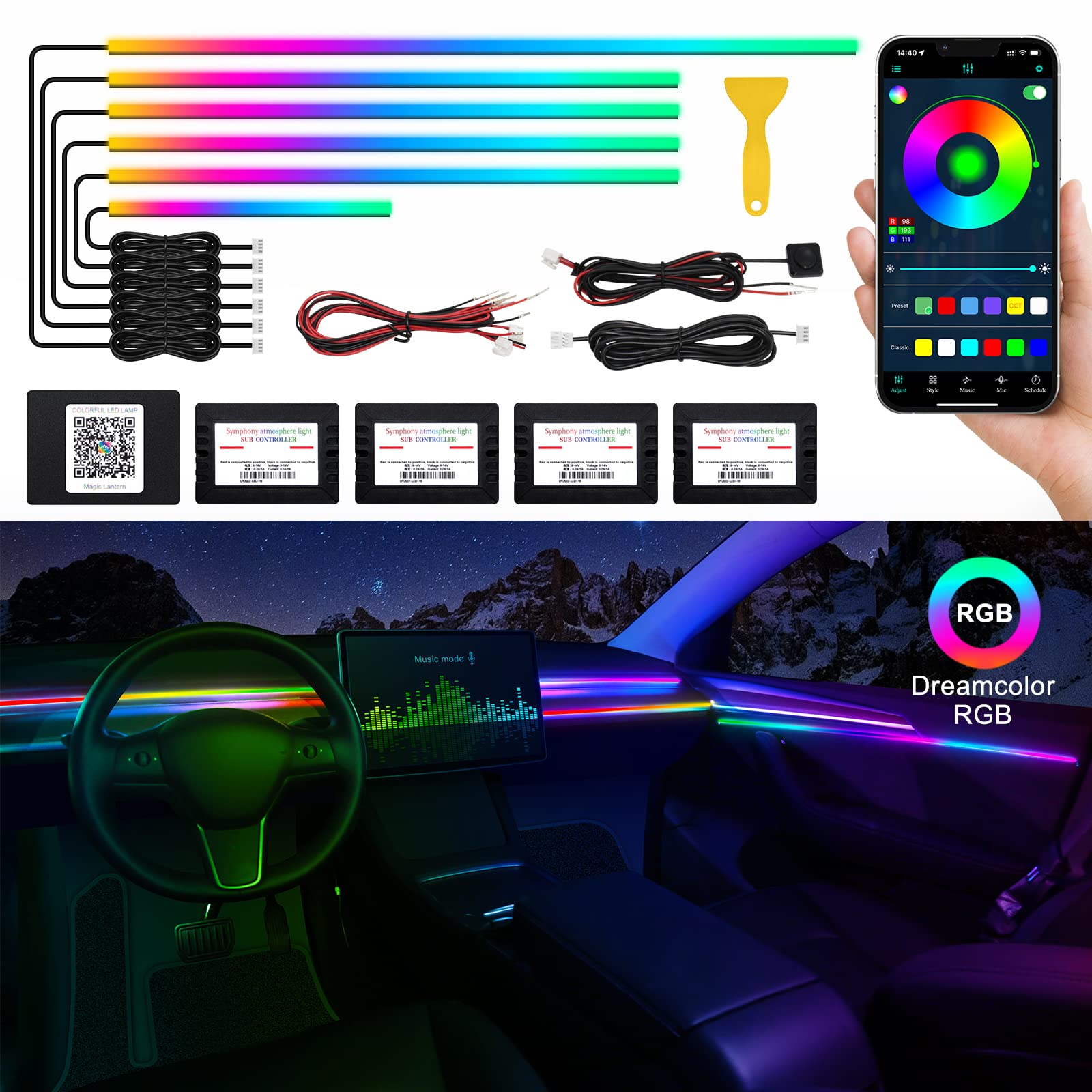 Acrylic Interior Car Led Strip Light With Wireless App, Rgb Dreamcolor 6 In 1 With 175 Inches 593 Leds Fiber Optic Ambient Light