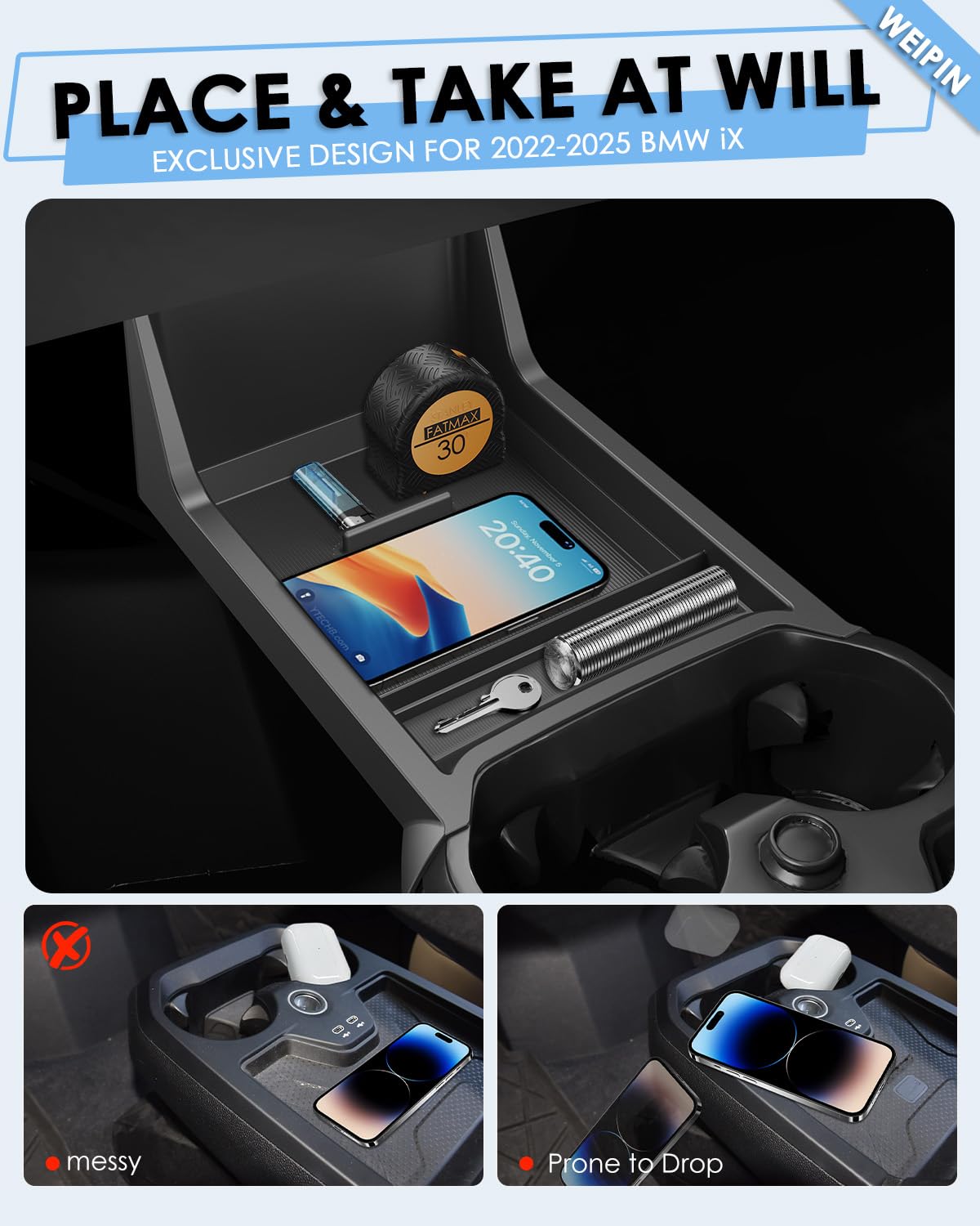 For BMW iX Lower Console Tray - Compatible with 2022-2025 BMW iX Center Console Organizer Tray [Car Food Tray] [2-Compartment][2