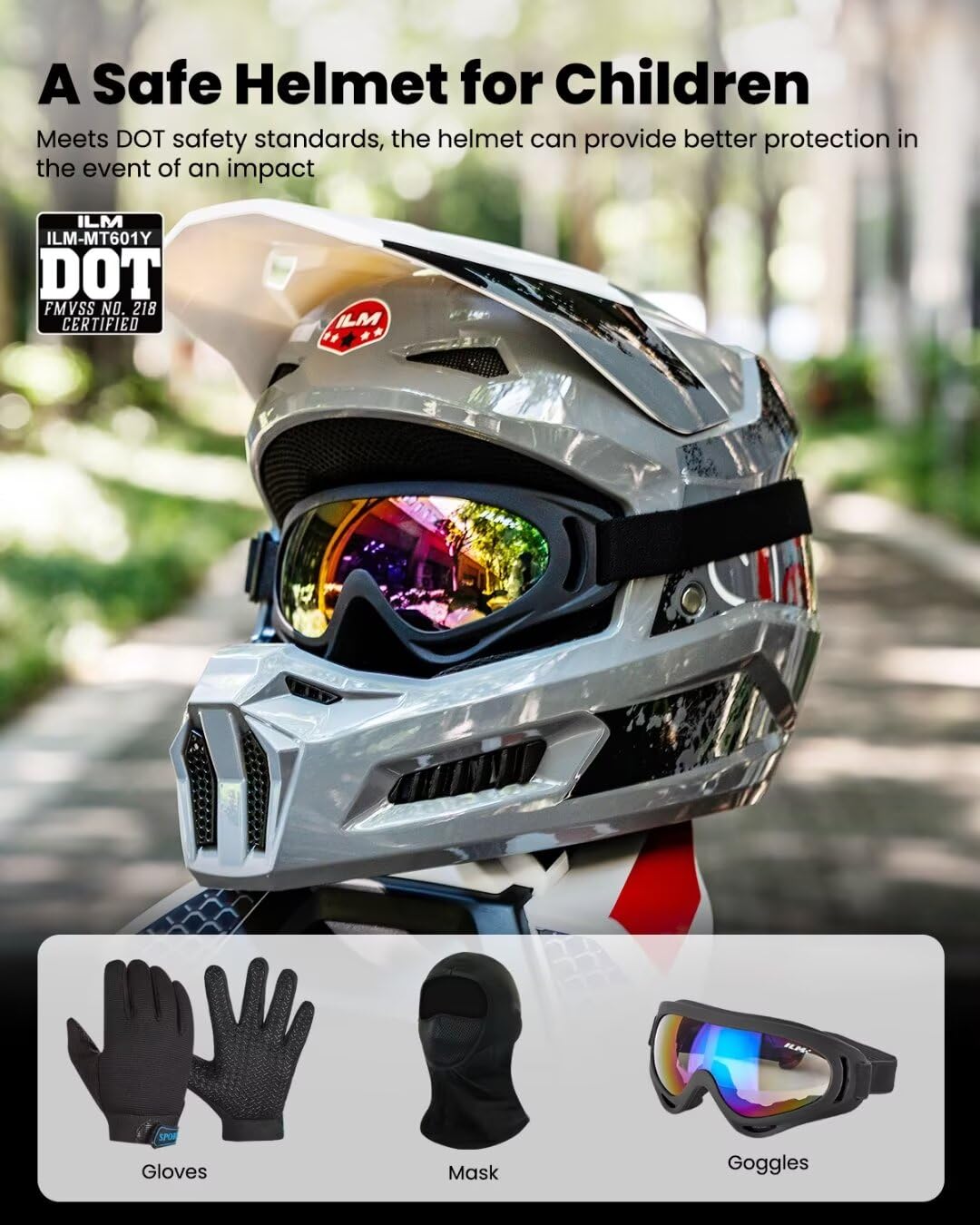 ILM Youth Dirt Bike Helmets Kids ATV Helmet Motorcross BMX Off Road Motorbike with Goggles Gloves Mask DOT Model MT601Y (Angry F