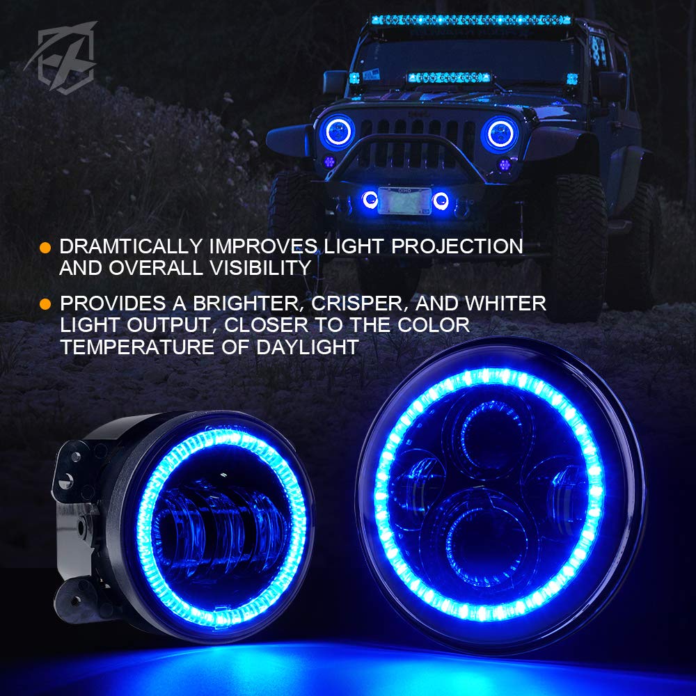 Xprite 7 Inch 90W Led Headlights & 4 Inch 60W Fog Lights Combo W/Blue Halo Compatible With 2007-2018 Jeep Wrangler Jk, Dot Appro