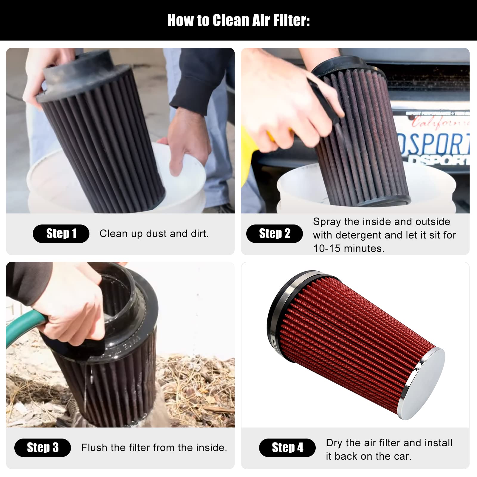 RYANSTAR RACING 152mm 6'' High Flow Round Tapered Cone Closed-Top Washable Clamp-On Dry Air Filter Long 265mm Tall