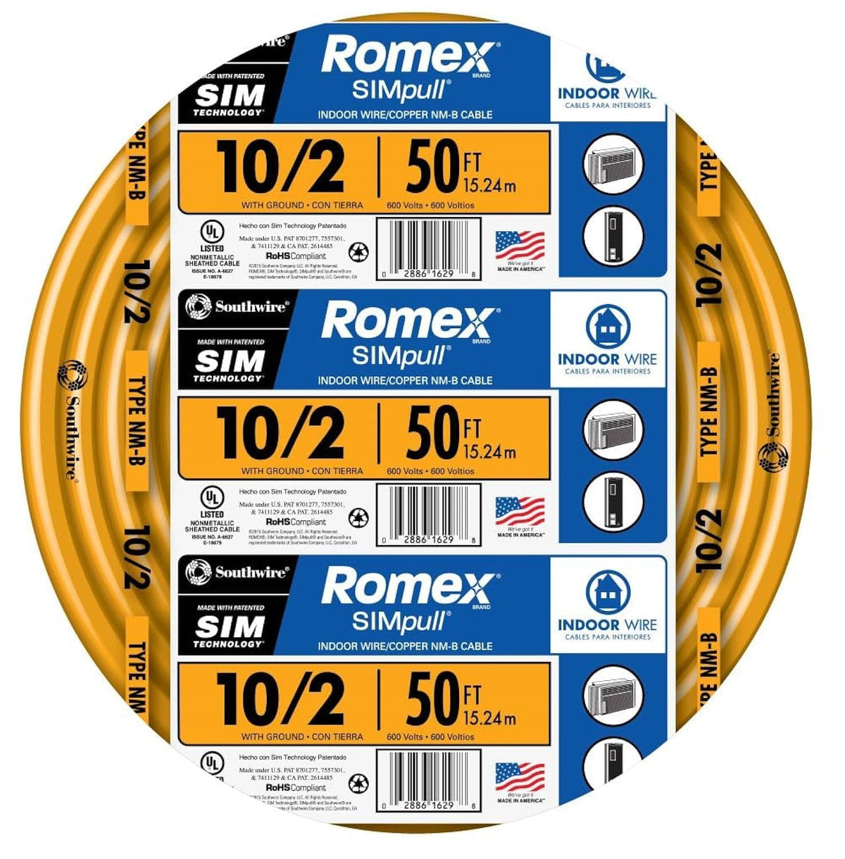 Southwire Romex Brand Simpull Solid Indoor 10/2 W/G Nmb Cable 50Ft Coil - Sw# 28829022