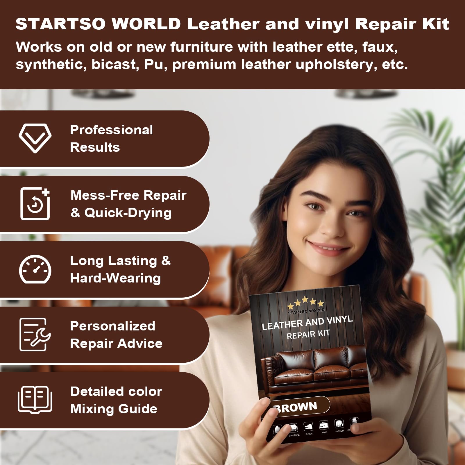 Startso World Brown Leather & Vinyl Repair Kit For Furniture, Couches, Car Seats, Sofas, Boat Seats, Jackets With Easy Instructi